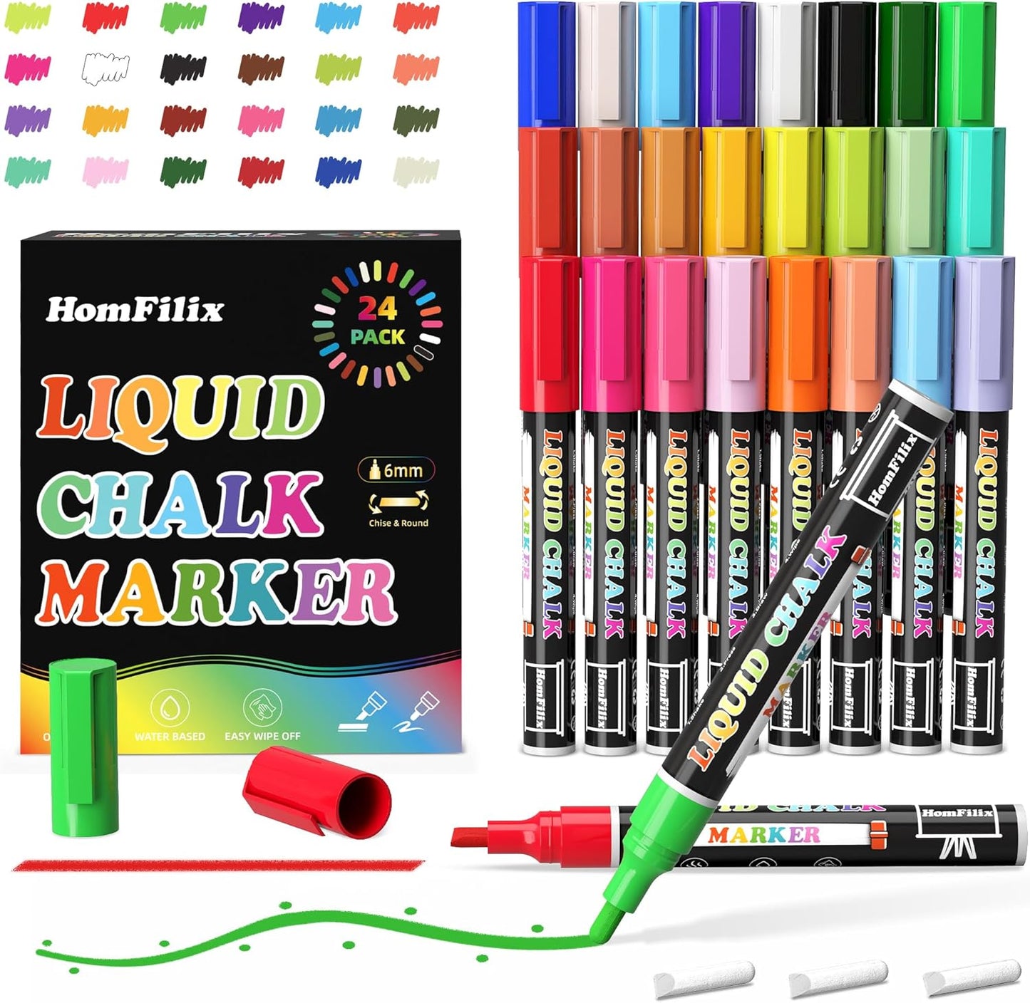 24-Color Liquid Chalk Markers Set, Erasable, Dust-Free, for Blackboard, Glass, Cars, Windows - Ideal for Teaching, Display, Creativity, Paint Pens, Dry Erase Markers