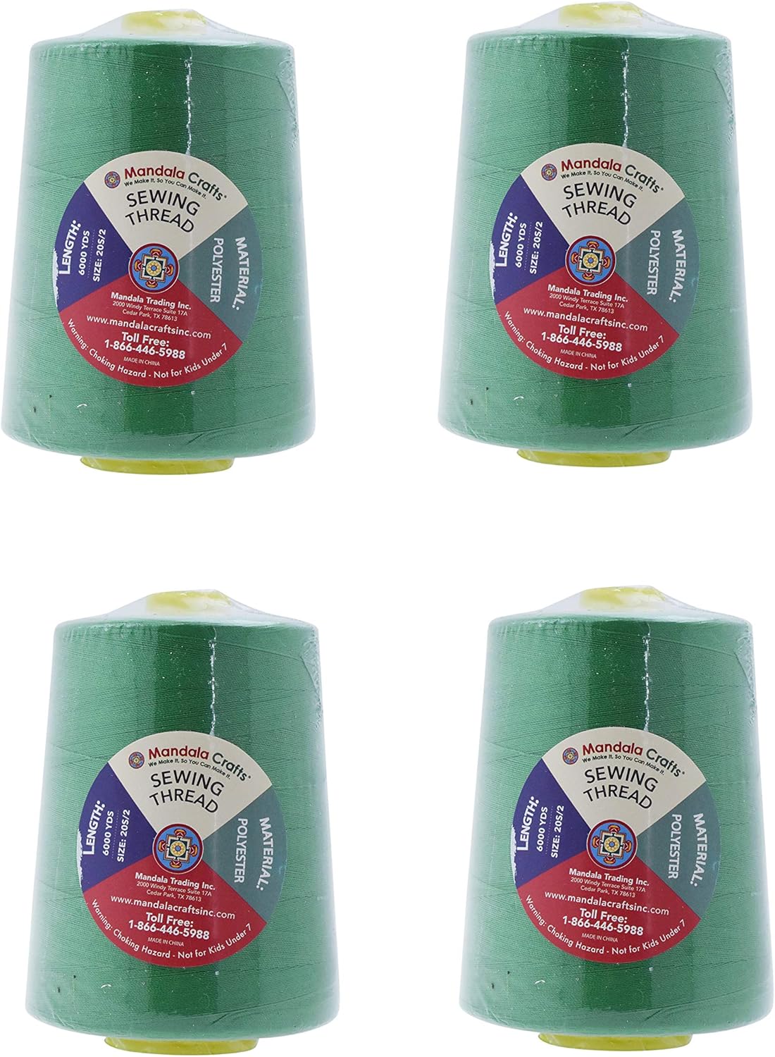 Mandala Crafts 4 Pack of Serger Threads Cones Spools - 20S/2 24000 Yards Polyester Green Threads for Sergers Machine and Overlock Quilting Sewing Machine