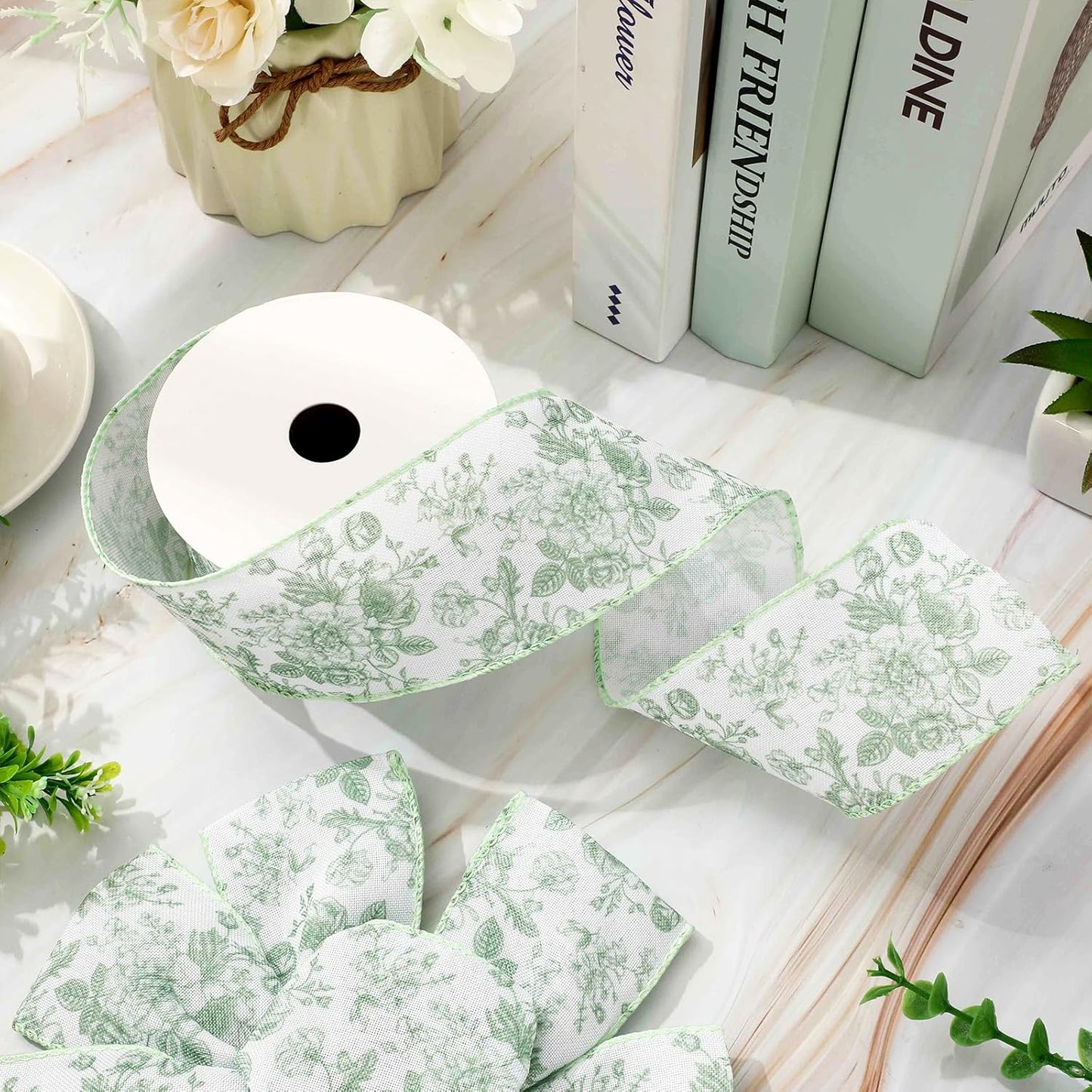 AnyDesign Floral Wired Edge Ribbon Roll Green Flower Ribbon Chinoiserie Fabric Ribbon for Wreath Bow Making DIY Crafts Gift Wrapping, 12 Yard