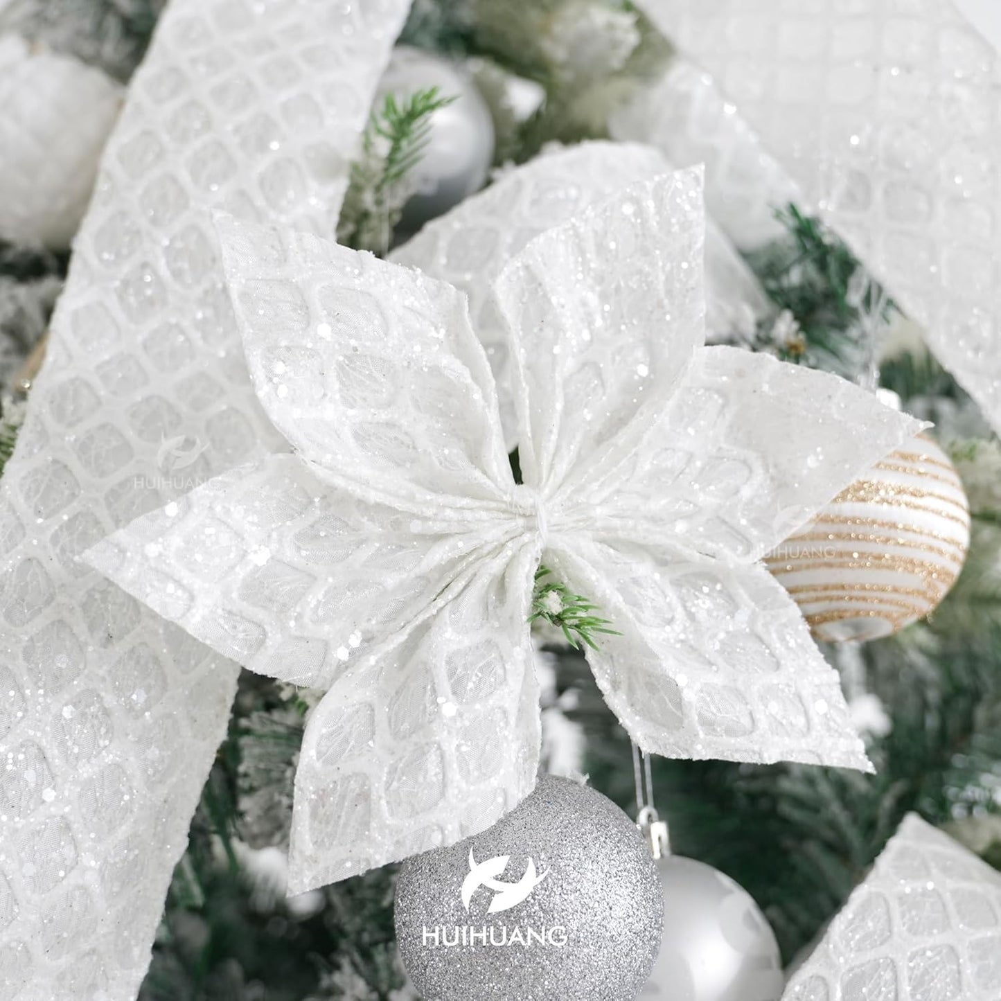 HUIHUANG White Glitter Wired Ribbon for Christmas Tree 2.5 inch White Diamond Mesh Wire Ribbon for Tree Decoration, Wreaths, Garland, Gift Wrapping, Large Bows Making, Home Decor -10 Yards