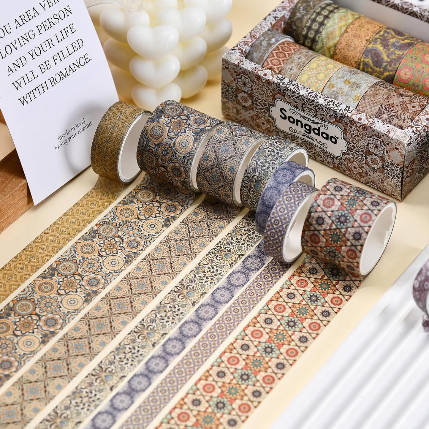 12 Rolls Exotic Charm Washi Tape Set Floral Arts Adhesive Tapes Geometric Garden Decorative Masking Tape Sets for Craft, Kids, Scrapbook, DIY, Gift Wrapping (Azure Serenity)