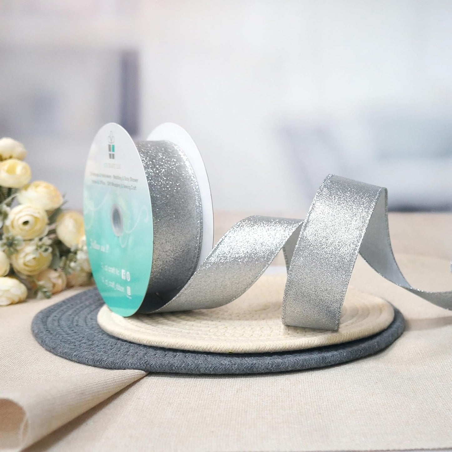CT CRAFT LLC Glitter Wired Ribbon 1.5" x 20 Yards Silver for Christmas Home Decor Bow Gift Wrapping DIY Crafts Wreath