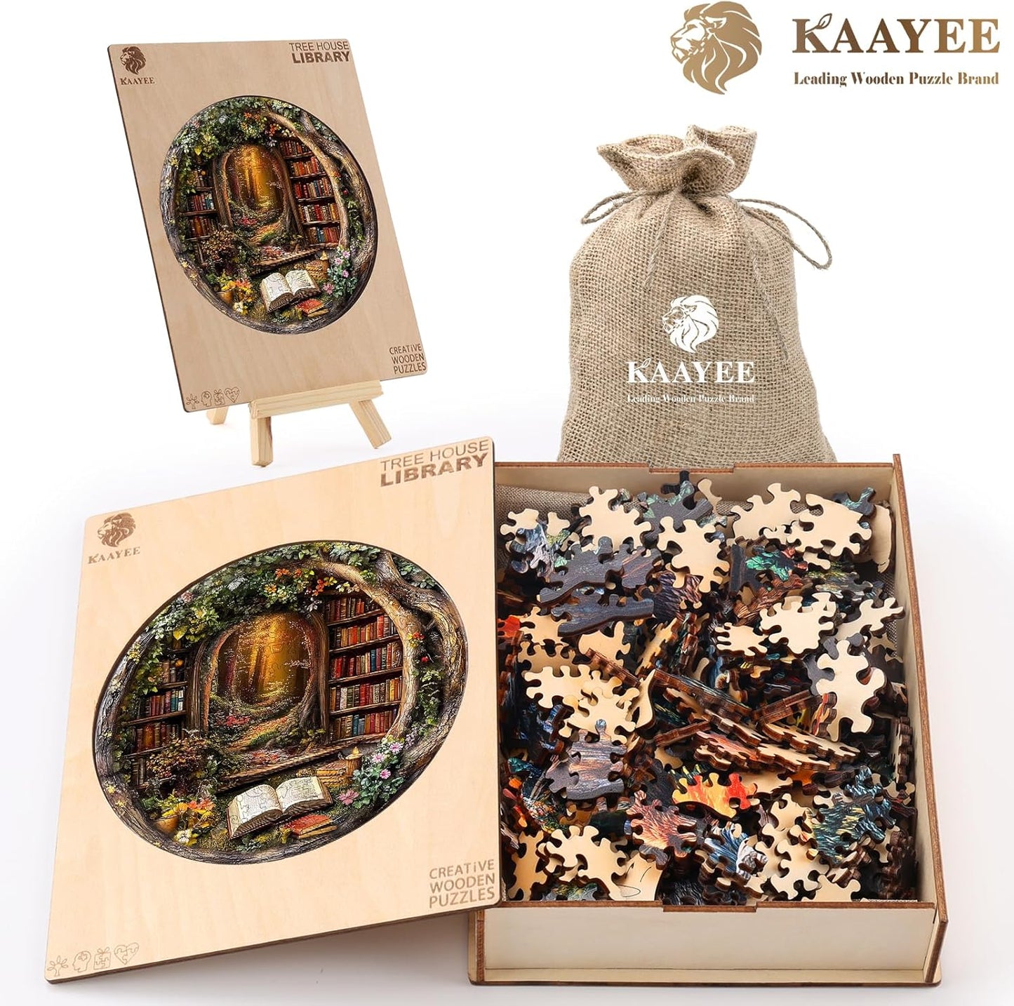 KAAYEE Wooden Puzzles for Adults, Tree House Library Wooden Jigsaw Puzzle Unique Shape Wood Puzzles Adult, 3D Effect Flat Puzzle Birthday Gifts Family Games (XL-17.3 * 17.3in-450pcs)