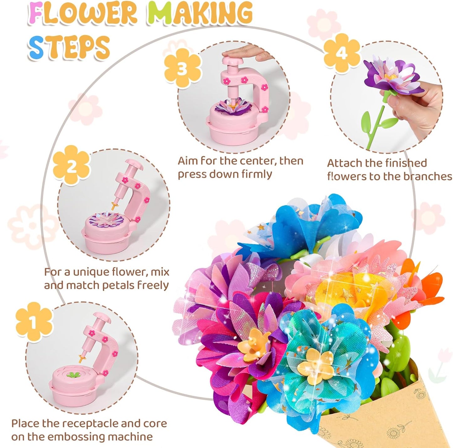 Fabric Flower Bouquets Toys,DIY Craft Kits for Kids,Arts and Crafts Toy for 3+ Year Old Girls,Flowers Market Toy,Build Your Flower Bouquet,Educational Preschool Learning Toys for Birthday,Christmas