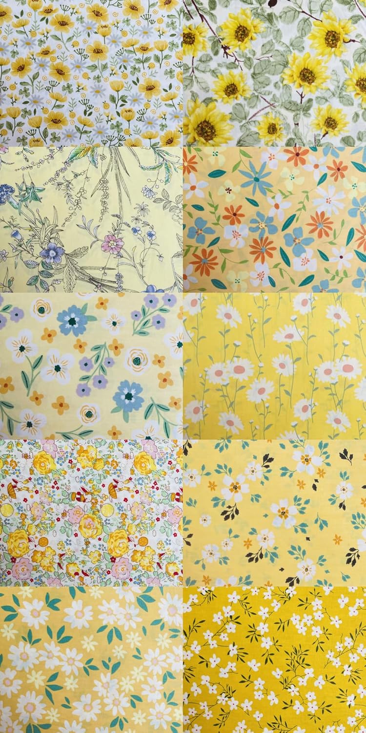 HANPATQUI 50PCS 10 x 10 inch Yellow Printed 100% Cotton Fat Quarters Fabric for Sewing and Quilting Bundles Precut Fabric Square for DIY Craft Patchwork