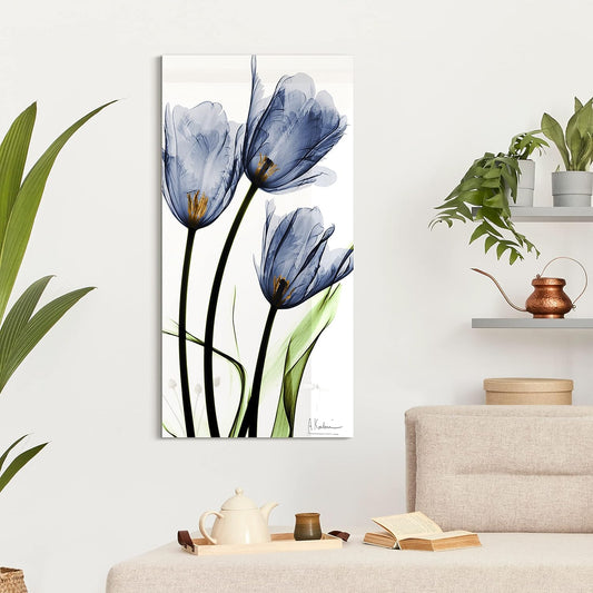 Empire Art Direct Frameless Free Floating Tempered Glass Panel Graphic Wall Art Ready to Hang, 24" x 48", Three Blue Tulips, Flower wall art