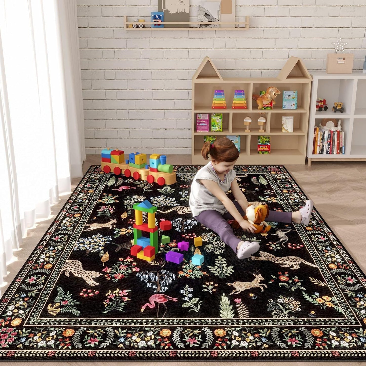 Rugcomf Area Rugs 8x10 Rug for Living Room Clearance Washable Boho Area Rug Non Slip Floral Animal Vintage Low Pile Large Rug for Living Room, Bedroom, Farmhouse, Dining Room, Kids Playroom (Black)