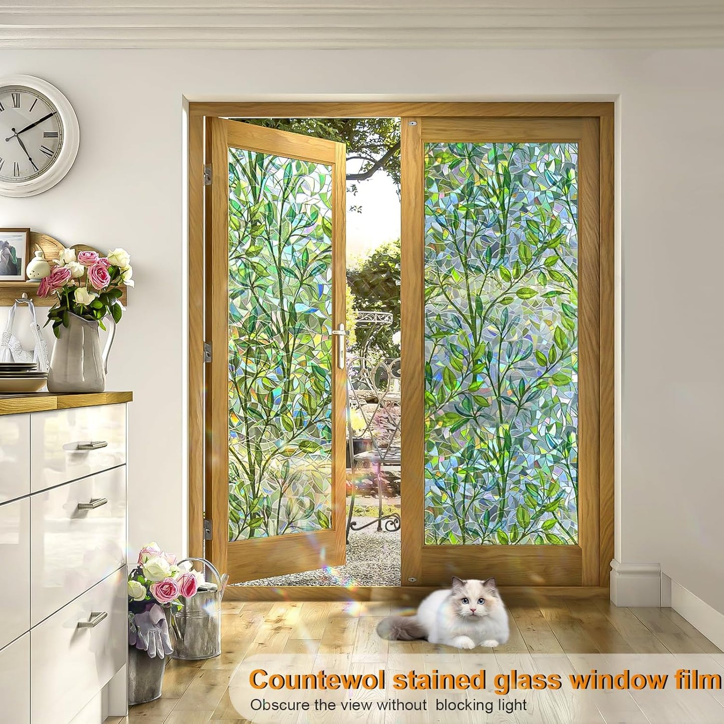 Window Privacy Film Stain Glass Window Film Rainbow Window Film Window clings Non-Adhesive Reusable Decorative for Room (Leaf Rainbow, 17.5 x 78.7 in)