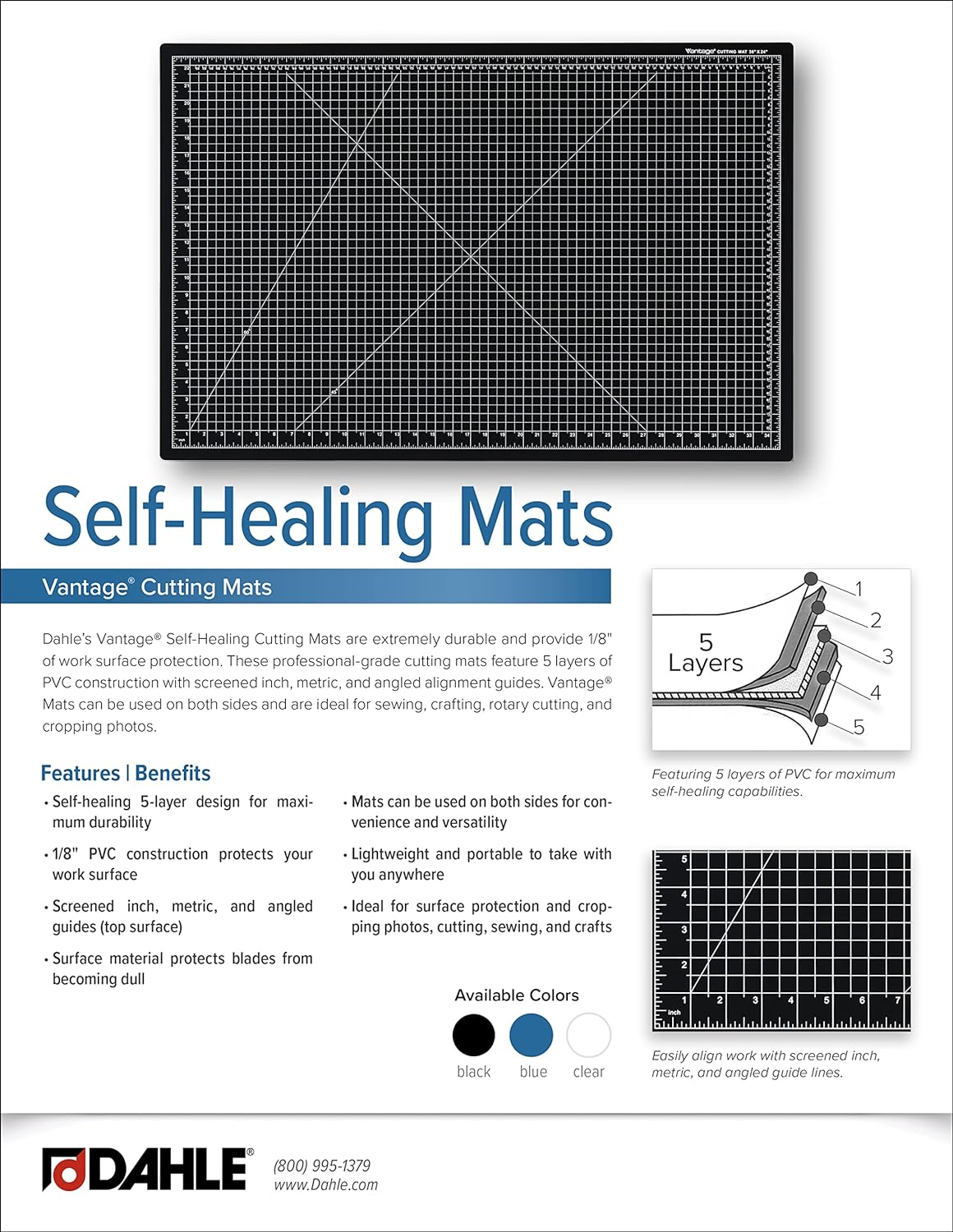 Dahle Vantage 10694 Premium Self-Healing Cutting Mat, 36"x48", 1/2" Grid, 5 Layers for Max Healing, Perfect for Crafts & Sewing, Blue