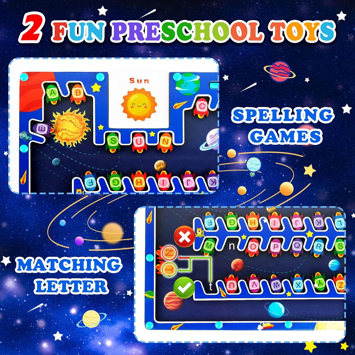 Magnetic Alphabet Maze Board - Letter Puzzle Rockets, Fine Motor Skills Toys for Toddlers 3+ Years, Montessori Sensory Toys for Girls & Boys