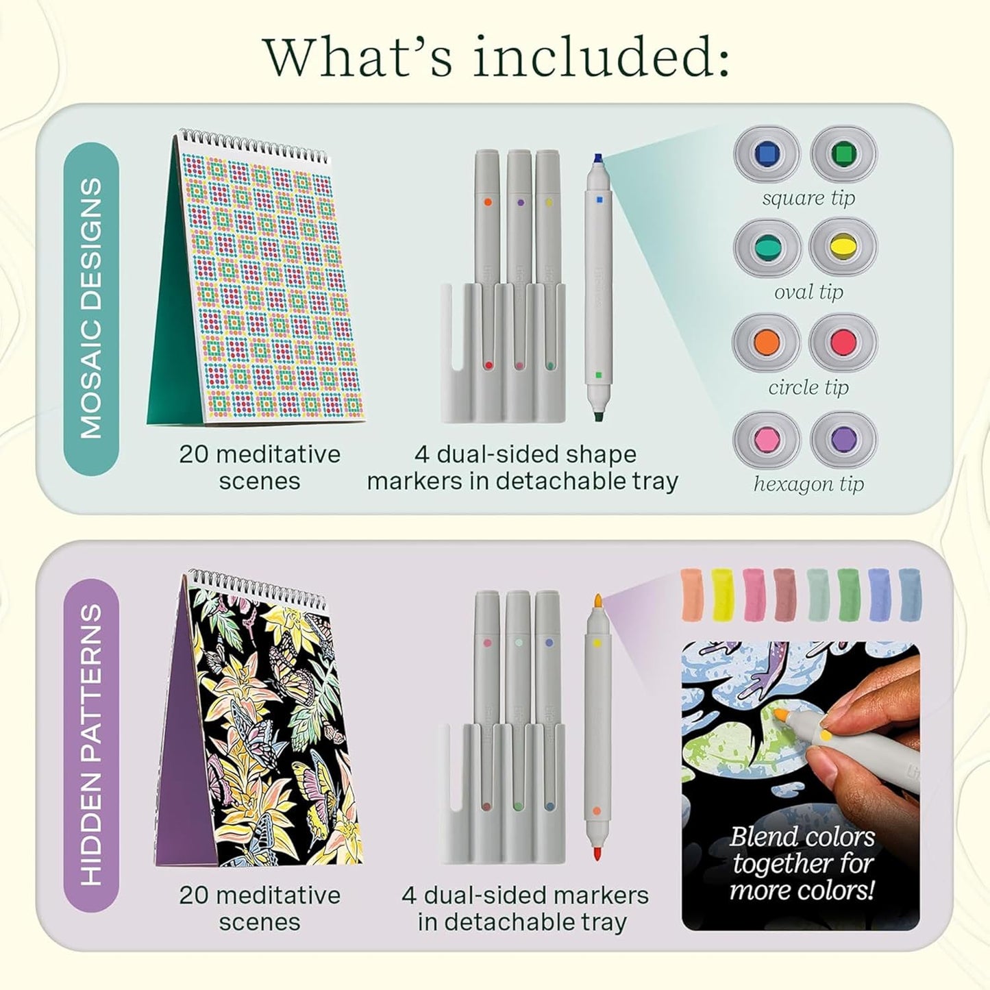 Lifelines FlowArt Activity Pad, 2-Pack - Guided Art Meditations with Markers - Mediterranean Mosaic Designs & Animal Hidden Patterns - Coloring Books for Teens, Adults & Seniors