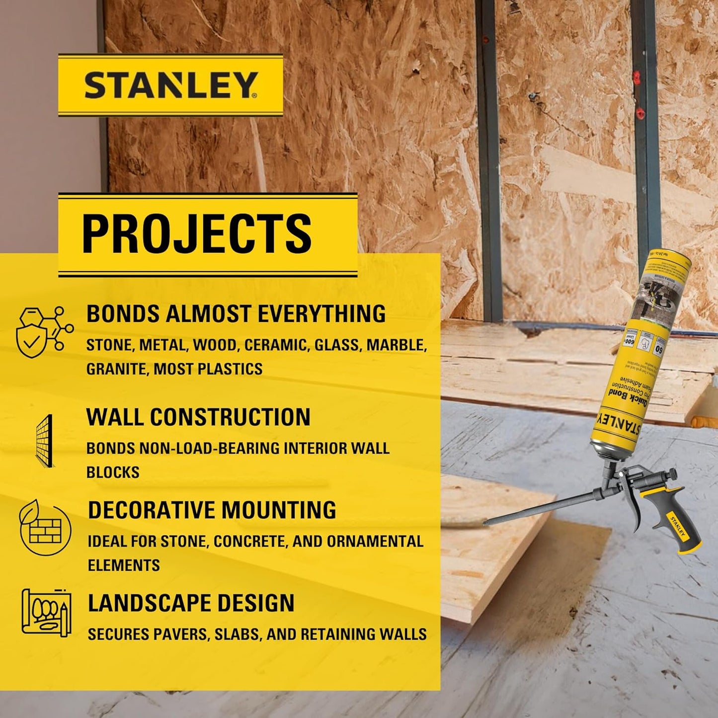 Stanley Quick Bond Adhesive Foam - 1x24oz, Reliable Bond Adhesive for Various Materials, Strong bonding, No Mixing, Gun Use, Including Gun, Cleaner | 1 Pack