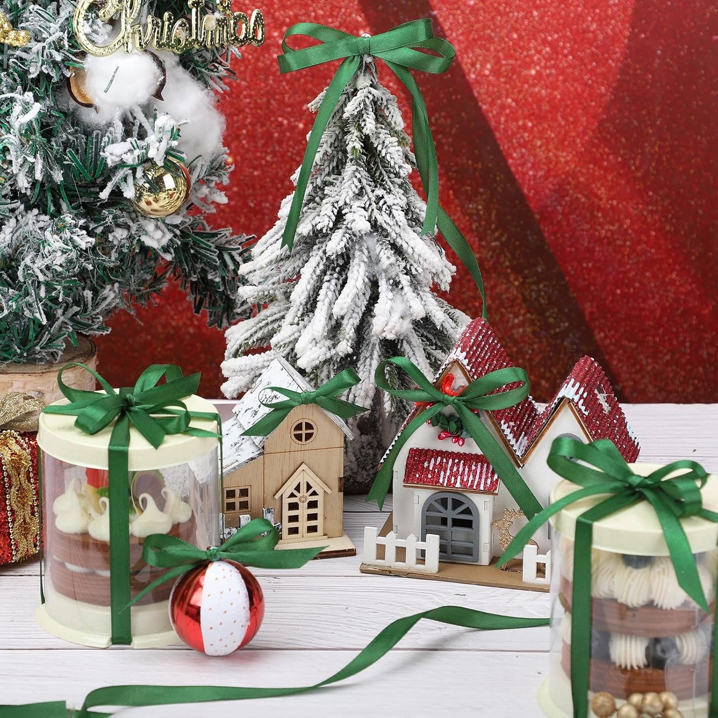 Dark Green Ribbon 120 Yards 3/8 Inch Christmas Thin Craft Ribbon Forest Green Ribbons for Gift String Emerald Decor Xmas Decorations Bows Gift Wrapping Christmas Tree