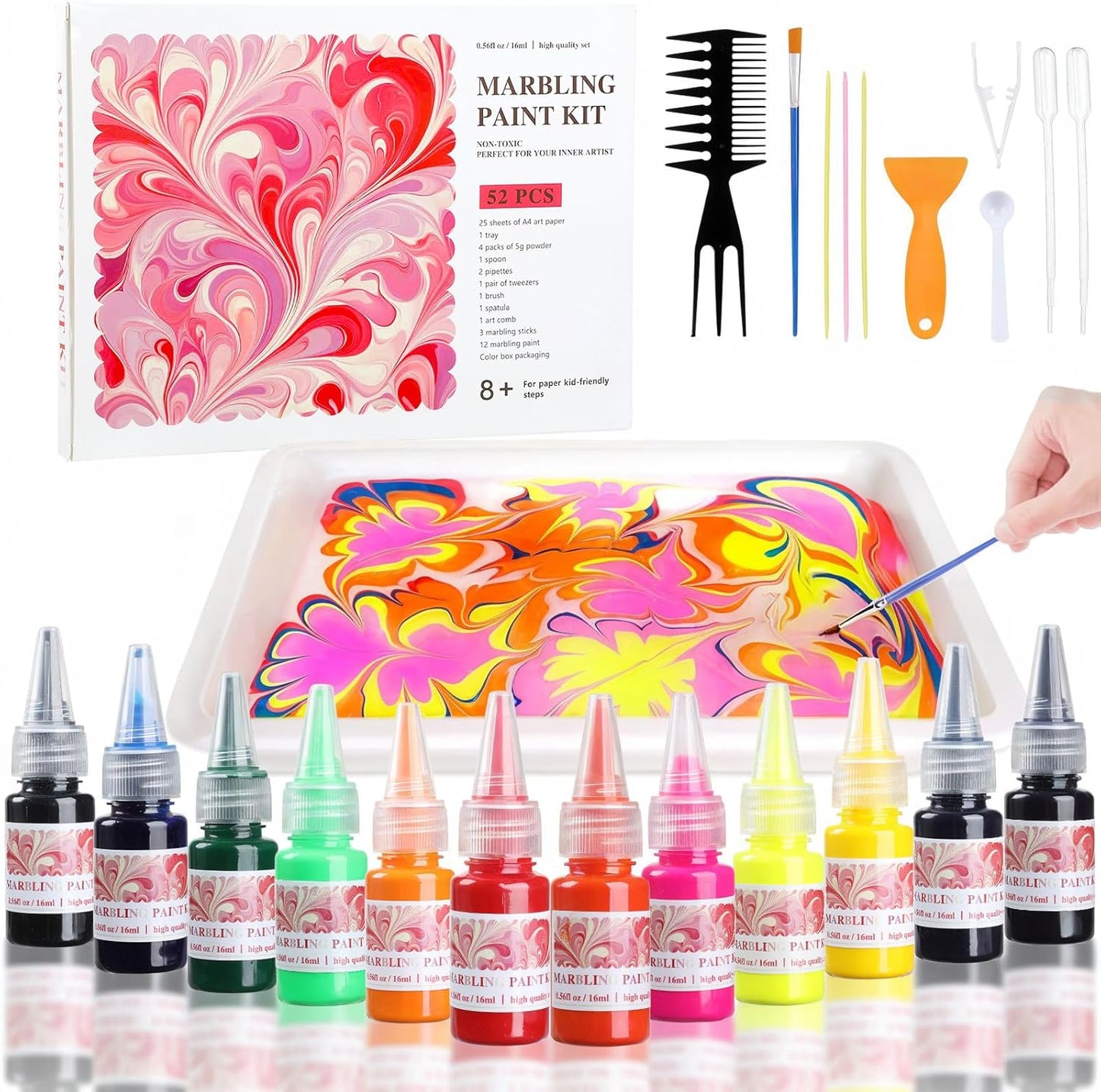 TMOL Marbling Paint Art Kit for Kids, Arts and Crafts Set for Girls & Boys Ages 8-12, Craft Kits with 16ml-12pcs & 25 Papers, Art Supplies, Birthday Gifts & Creative Toys for Kids Age 8 9 10 Year