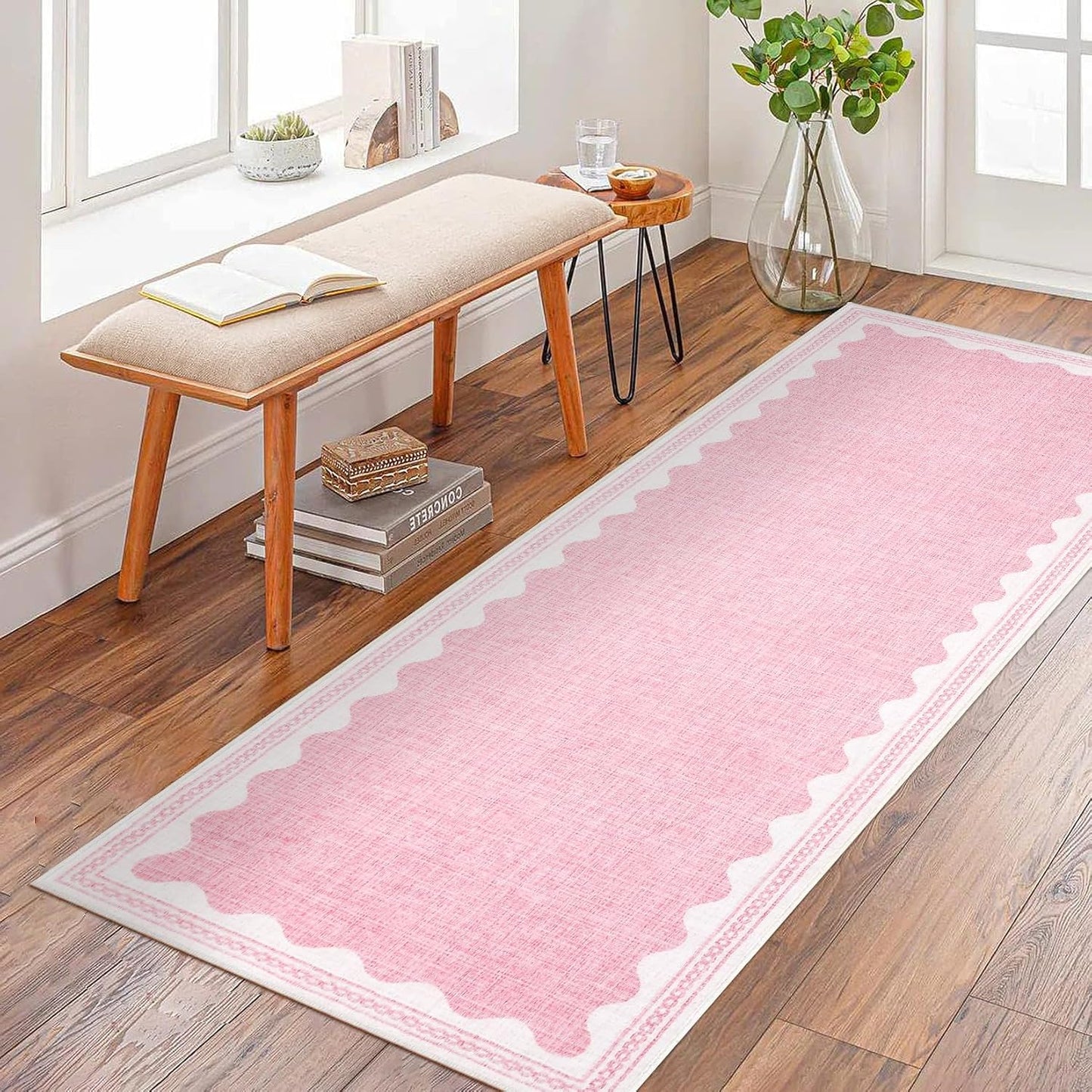 Scalloped Rug 2.5x10 Runners for Hallways, Solid Pink Non Slip Scalloped Bath Runner, Washable Rug for Bedroom Girls, Rugs for Kitchen Floor Soft Dorm Nursery Carpet for Bedside