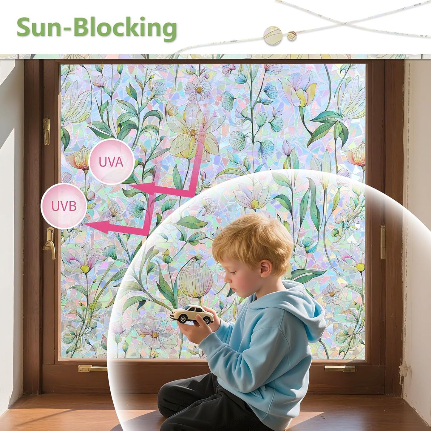 FINNEZ Window Privacy Film Stain Glass Film Flowers Rainbow Window Film Window Clings Non-Adhesive Reusable Decorative for Home（Forest Rainbow，35.4 Inch x 13.1 Feet）