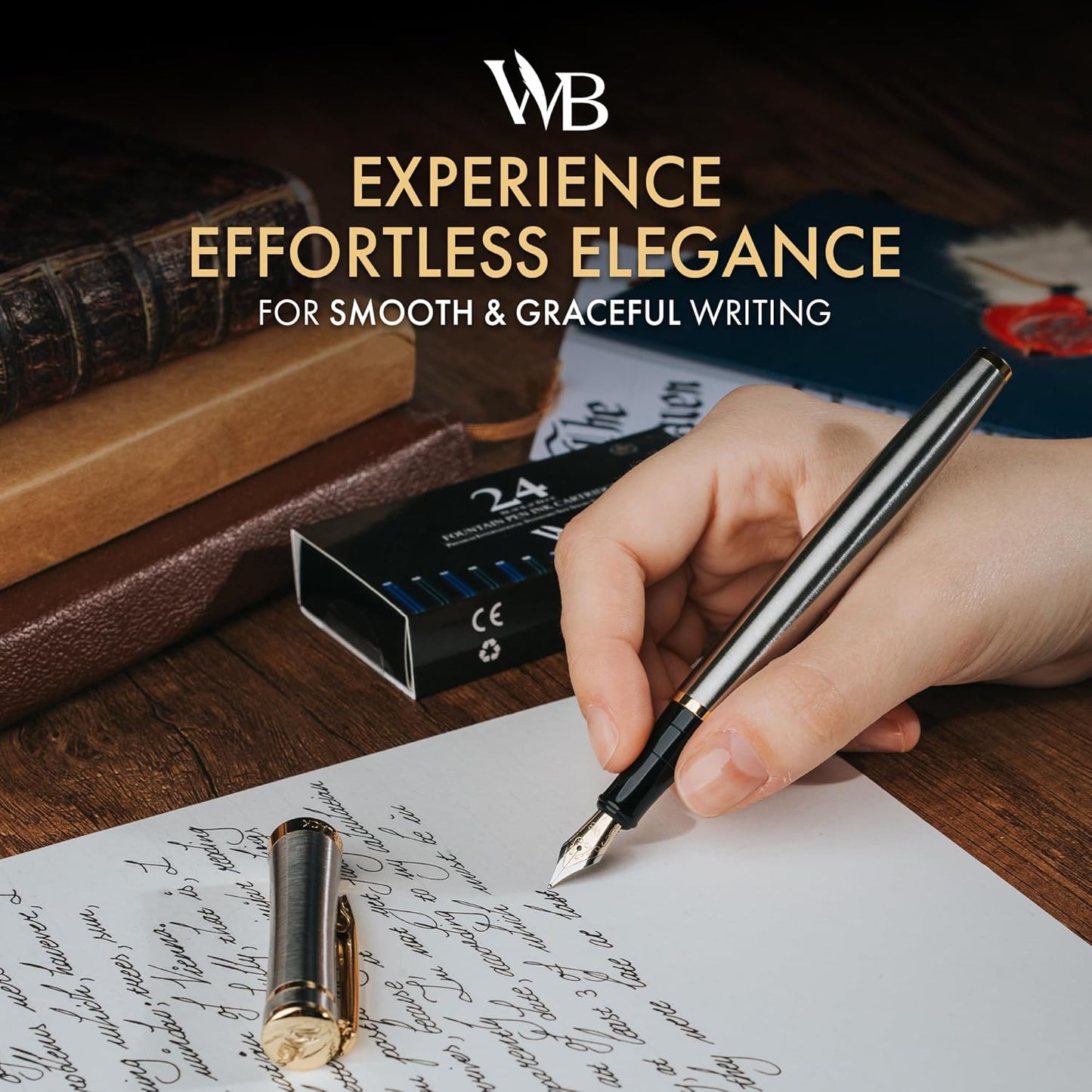 Wordsworth & Black Fountain Pen Set, 18K Gilded Fine Nib, Includes 24 Pack Ink Cartridges, Ink Refill Converter & Gift Box, Gold Finish, Calligraphy, [Silver Gold], Perfect for Men & Women