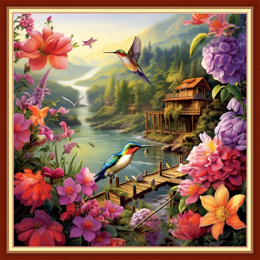 DMCVIVR Stamped Cross Stitch Kits for Adults Beginners Embroidery Kits 11CT Needlepoint Kits Cross Stitch Patterns Embroidery Patterns&Lake Hummingbird 18x18 inch