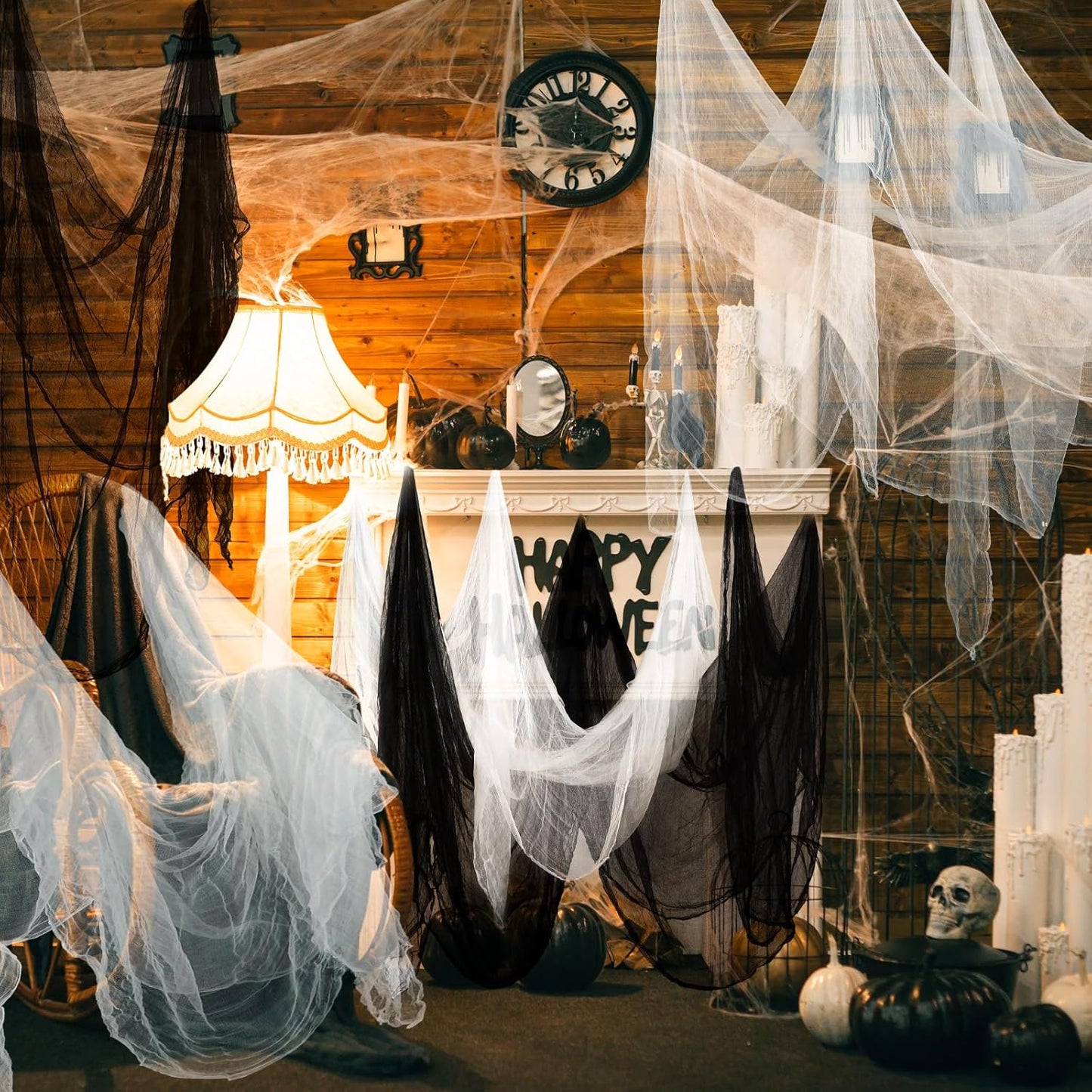 Boao Halloween Cheese cloth 84.65 x 295.28 Inch White Black Cheesecloth Roll for Crafts Large Cotton Muslin Gauze Fabric for Halloween Outdoor & Indoor Spooky Decoration