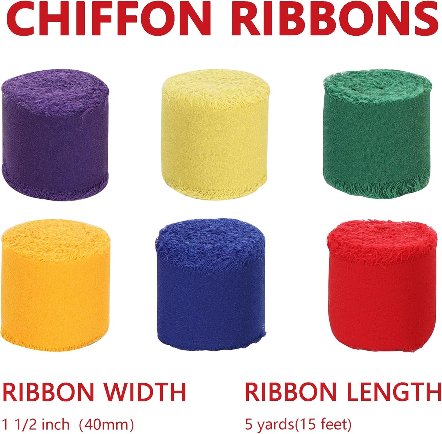 TONIFUL 6 Rolls Rainbow Set Chiffon Ribbon 1 1/2 Inch 5 Yards Fabric Silk for Gift Wrapping, Wedding Party Decoration, Flower Bouquet, Bows Making, DIY Crafts