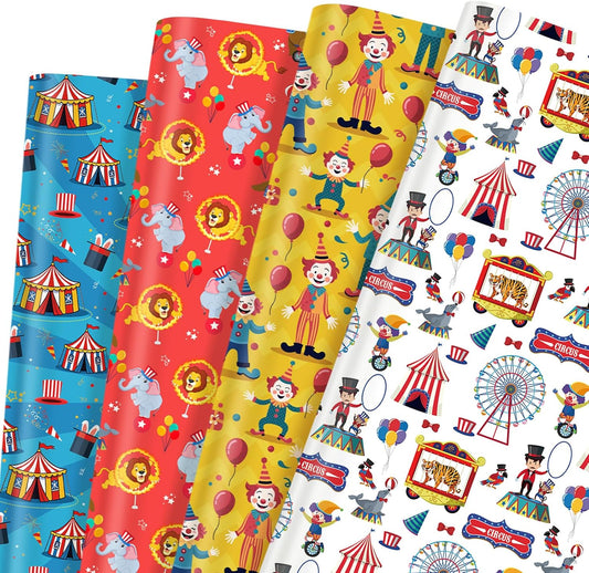 Pineraap 12 Sheets Circus Wrapping Paper, Cute Circus Acrobatic Clown Ferris Wheels Balloon Tent Pattern Folded Gift Packing Paper for Birthday, Baby Shower, Parties, Gifts, Crafts, 20 x 28 inch