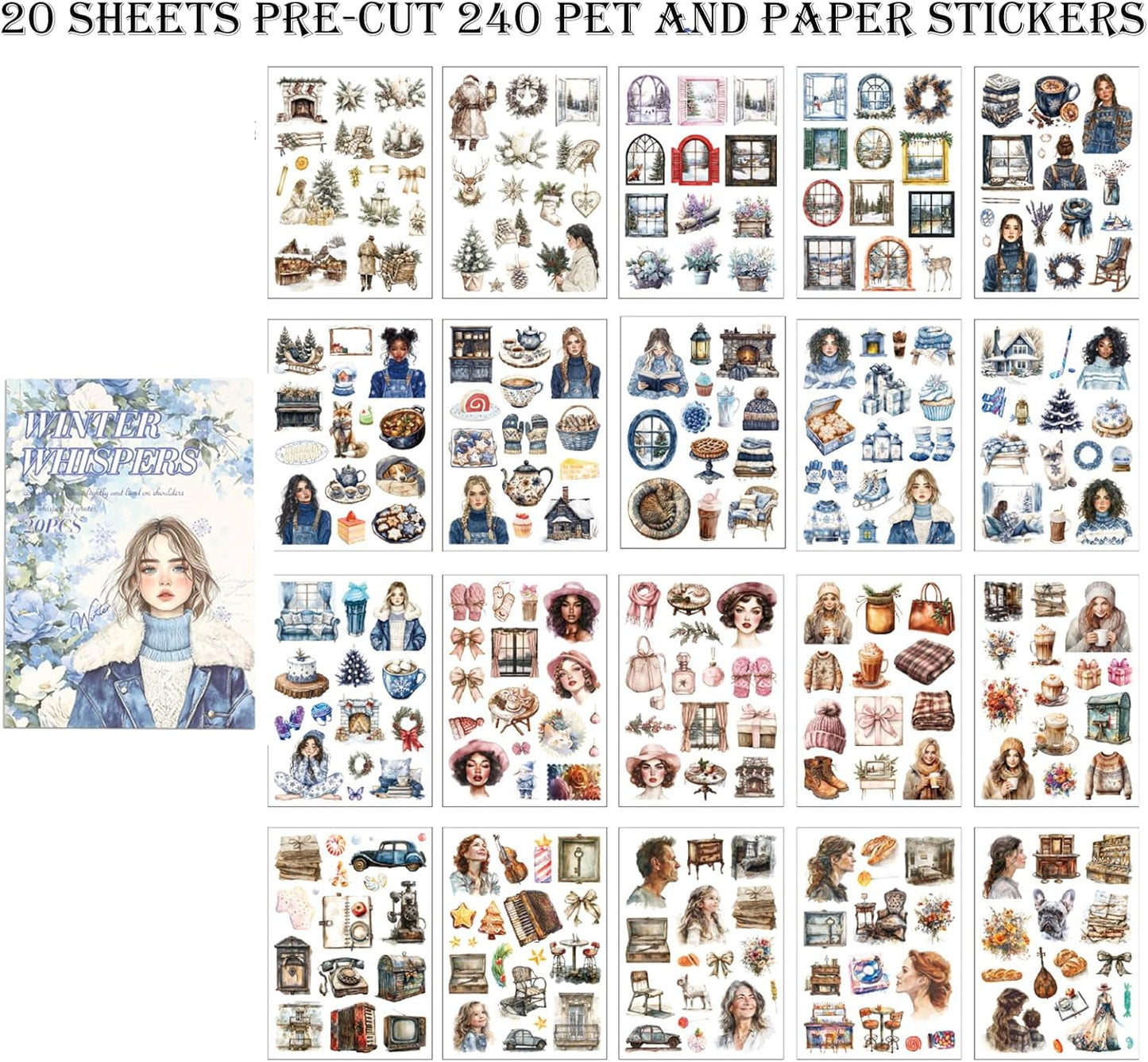 Winter Scrapbook Stickers 20 Sheets 240 Pre-Cut Washi Stickers for Journaling PET Transparent Book Sticker Decorative or DIY Paper Crafts, Arts and Crafting Projects