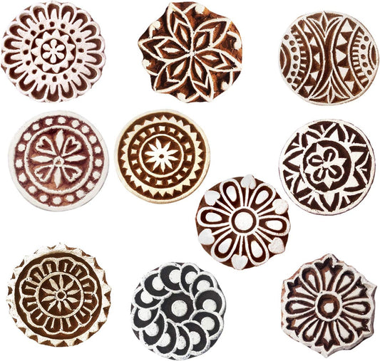 Royal Kraft Round Wooden Printing Stamps (Set of 10) - DIY Henna Fabric Textile Paper Clay Pottery Blocks Htag2181
