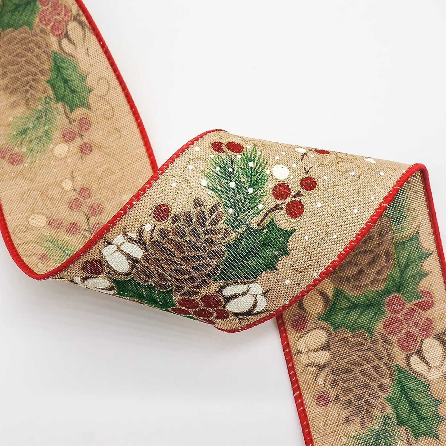 CT CRAFT LLC Tan Faux Jute Burlap with Pinecones Wired Ribbon 2.5 Inch x 10 Yards for Christmas Home Decor Tree Topper Bow Gift Wrapping DIY Crafts Wreath Garland