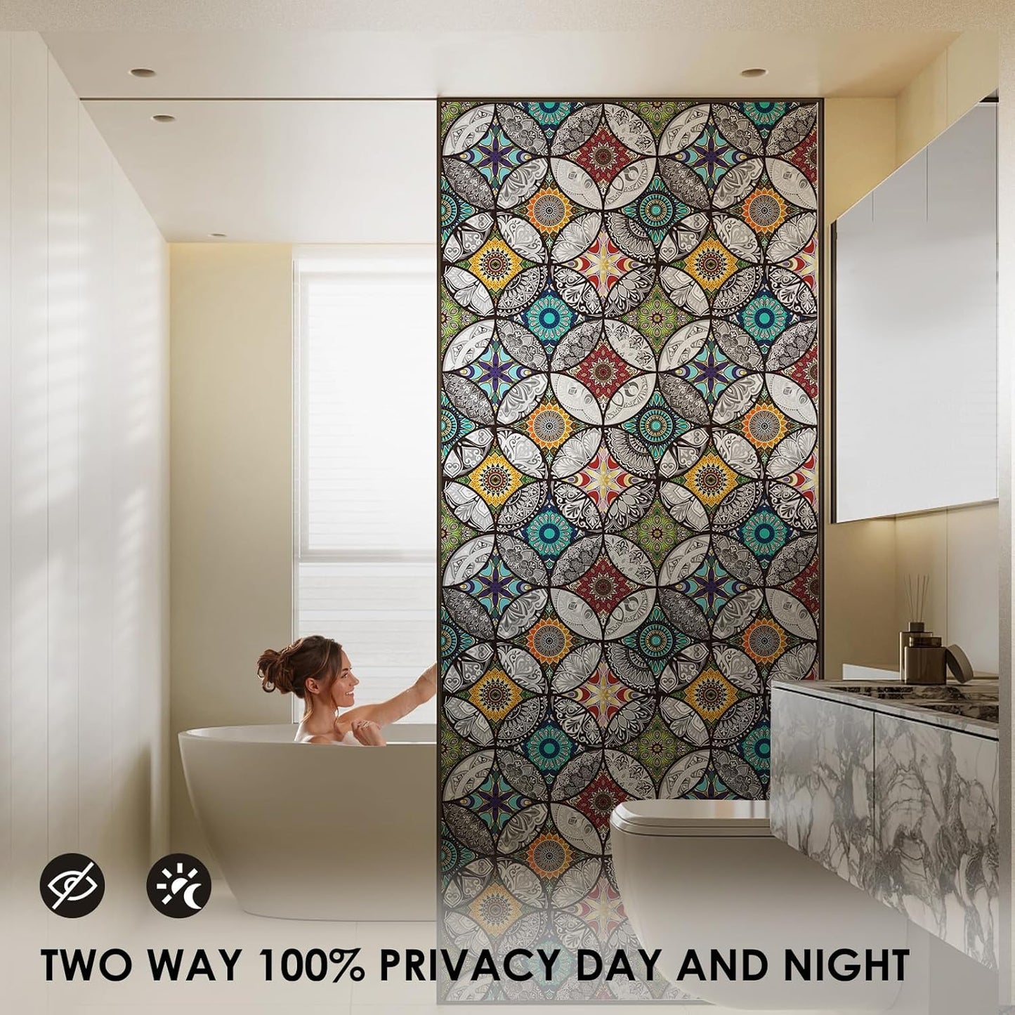 DKTIE Boho Chic Window Privacy Film with Installation Tools - Soften Light, Reduce UV Rays, Decorative Stained Glass Window Tinting Film for Home, 35.4 x 78.7Inch
