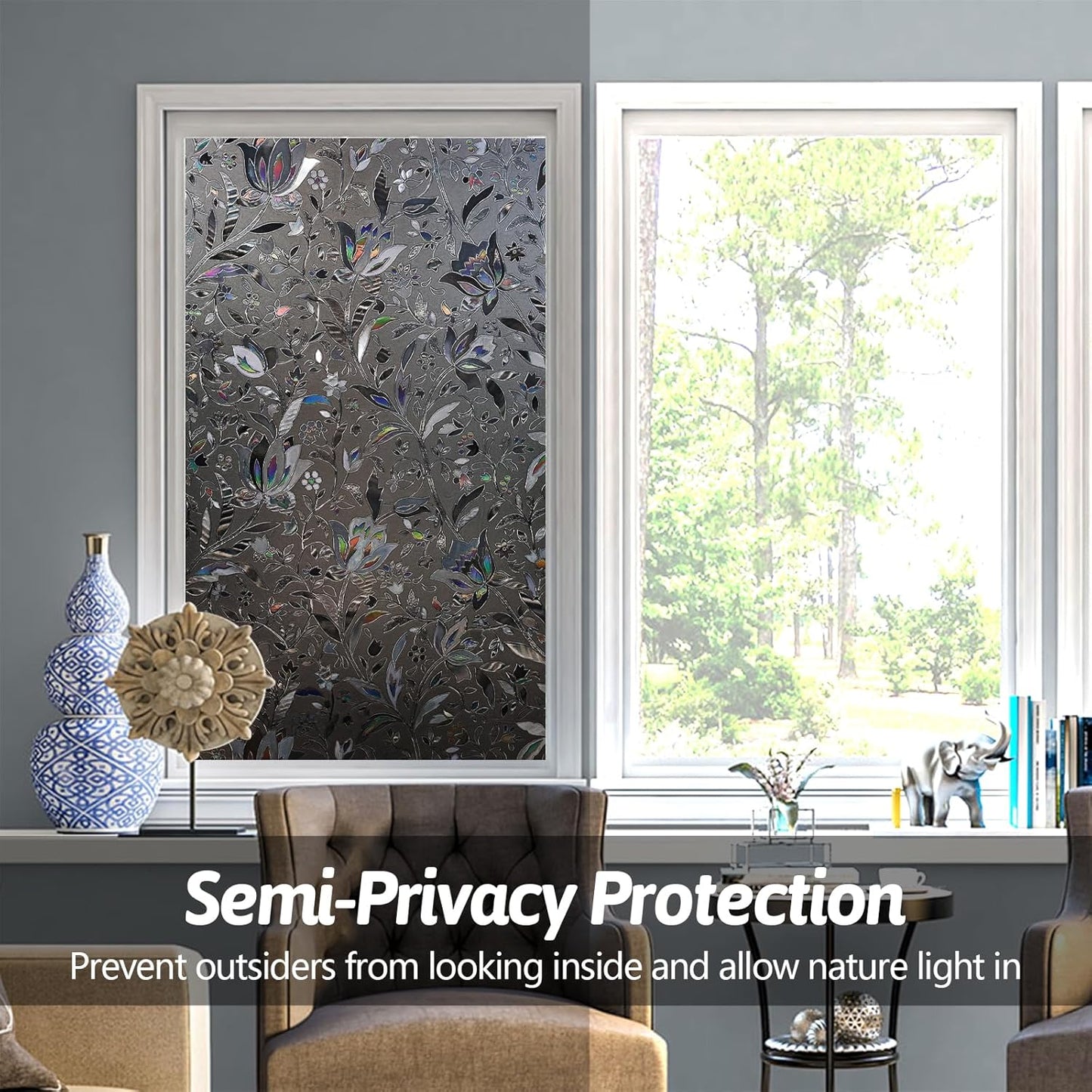 NINETREX Window Privacy Film,Decorative Window Film Frosted,Stained Glass Window Cling,Heat Blocker Non-Adhesive for Home,Grayish Black 17.5 x 78.7inch