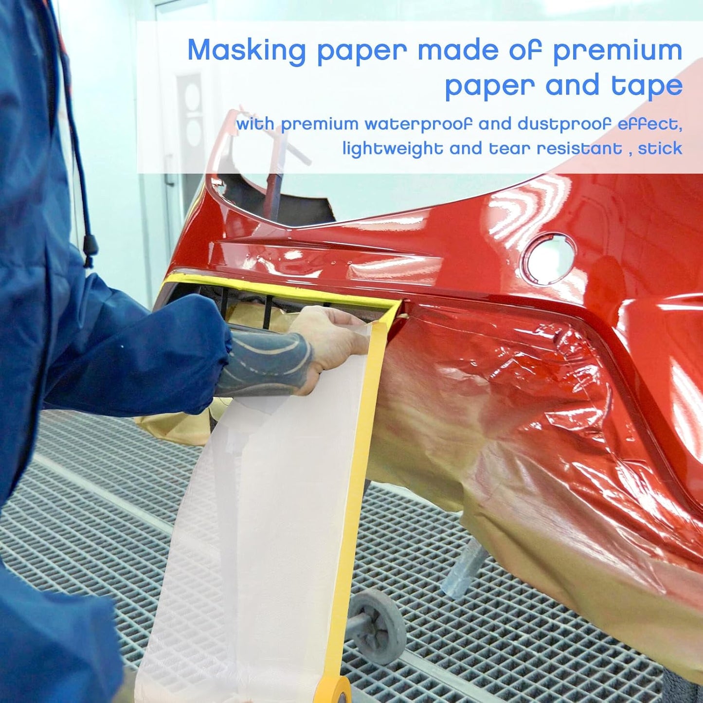 Seajan 9 Roll Painters Plastic with Tape Pre Taped Masking Film for Painting Automotive Paint Adhesive Protective Film Masking Tape Roll Plastic Painting Covering (White,5 x 65 Ft)