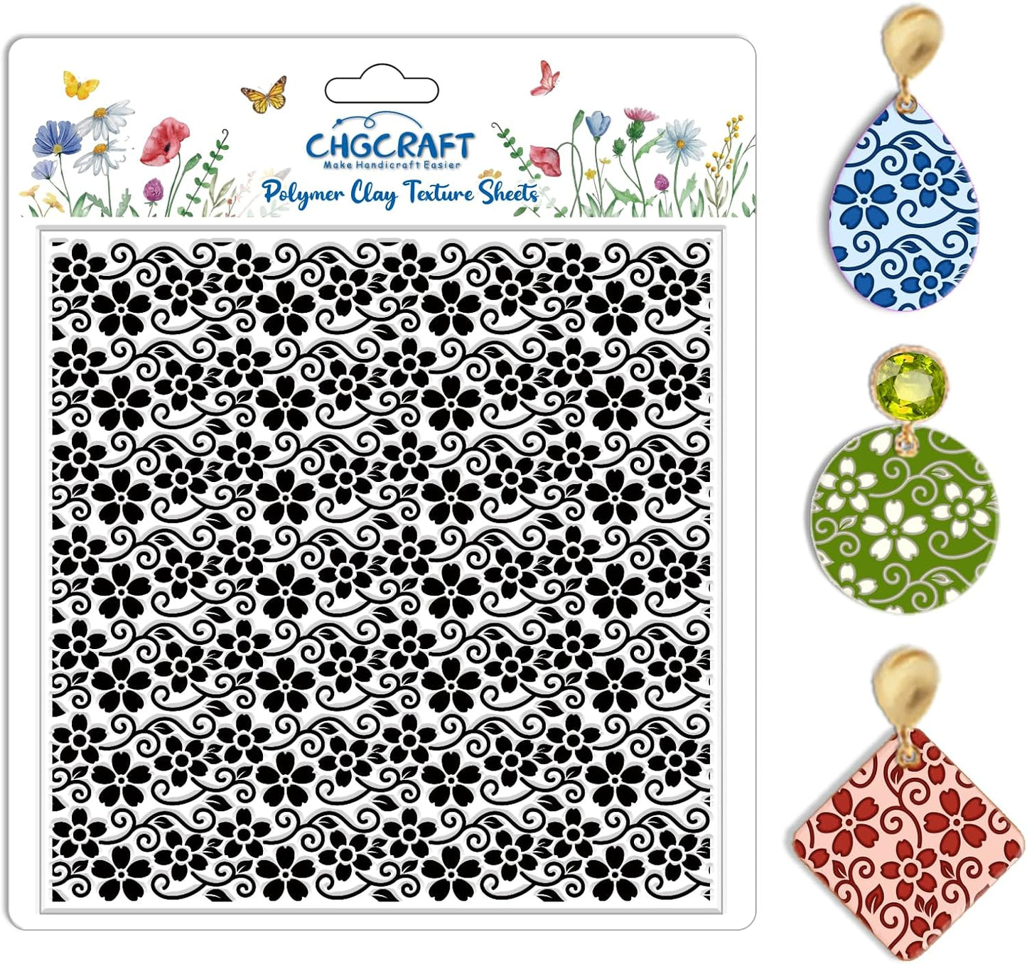 CHGCRAFT Vine Small Flowers Pattern Polymer Clay Texture Sheet Plant Leaves Silicone Texture Mat for Polymer Clay Making Earrings Jewelry DIY Crafts 5.5 × 5.5 Inch