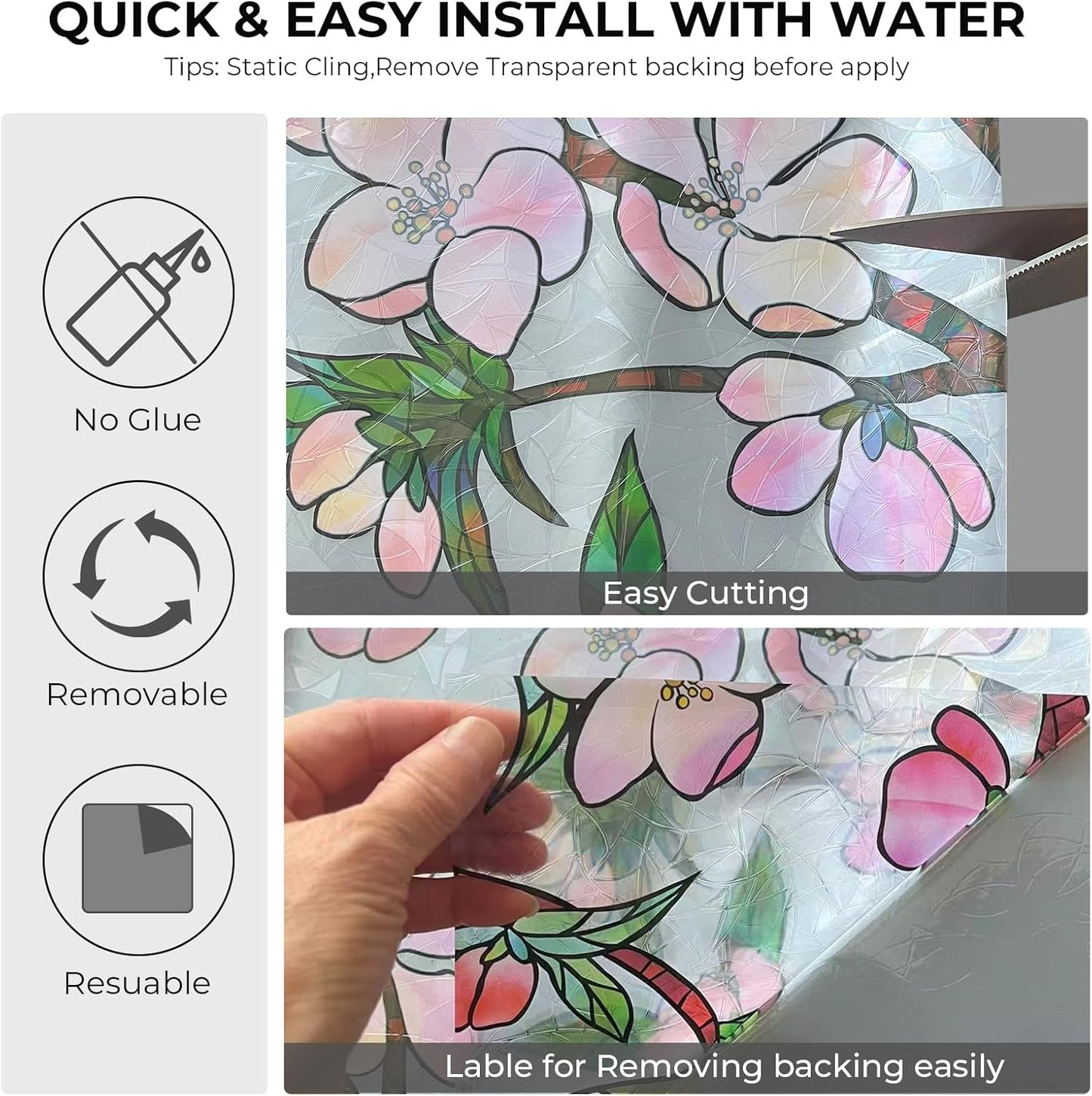 Window Privacy Film Rainbow Film Stained Glass 3D Static Cling Decorative Window Sticker for Bathroom,Front Door,Home Heat Control UV Blocking Non Adhesive,Peach Blossom 17.5 x 78.7 inches