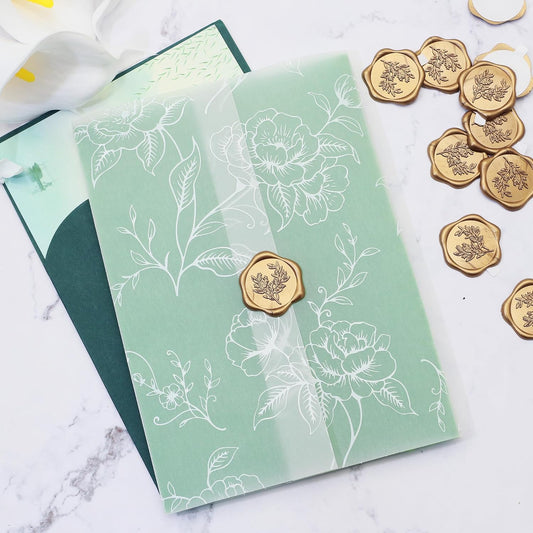 SWANGSA 100 Sets Wedding Invitations Wraps, Vellum Jackets for 5x7 Invitations & Self Adhesive Antique Gold Eucalyptus Wax Seal Stickers for Wedding Bridal Baby Shower Birthday Envelopes (White Rose)