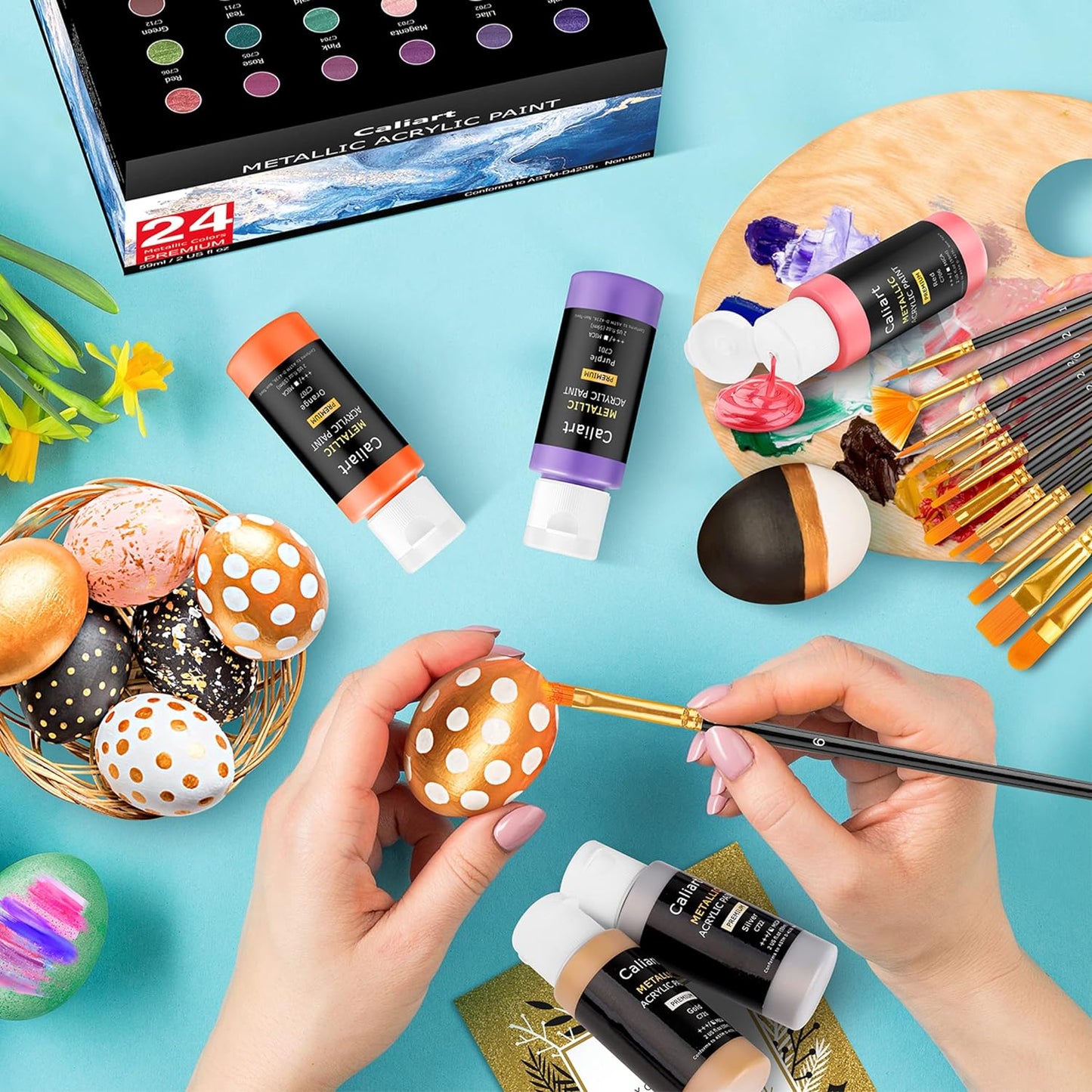 Acrylic Paint Set With 12 Brushes, 24 Colors (59ml, 2oz) Art Craft Paints for Adults Artists Beginners Painters, Canvas Halloween Pumpkin Ceramic Wood Rock Painting Art Supplies (Metallic)