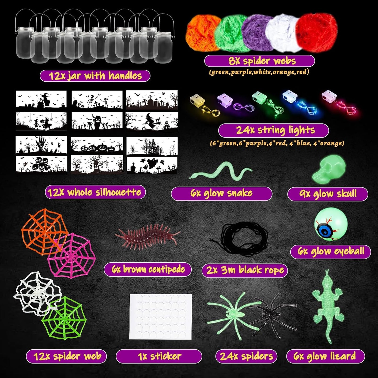 SpringFlower Halloween DIY Arts and Crafts Kits，12 Pcs Glass Mason Jar with Accessories for DIY Lantern Jar, Art & Craft Party Supplies for Classroom Kids