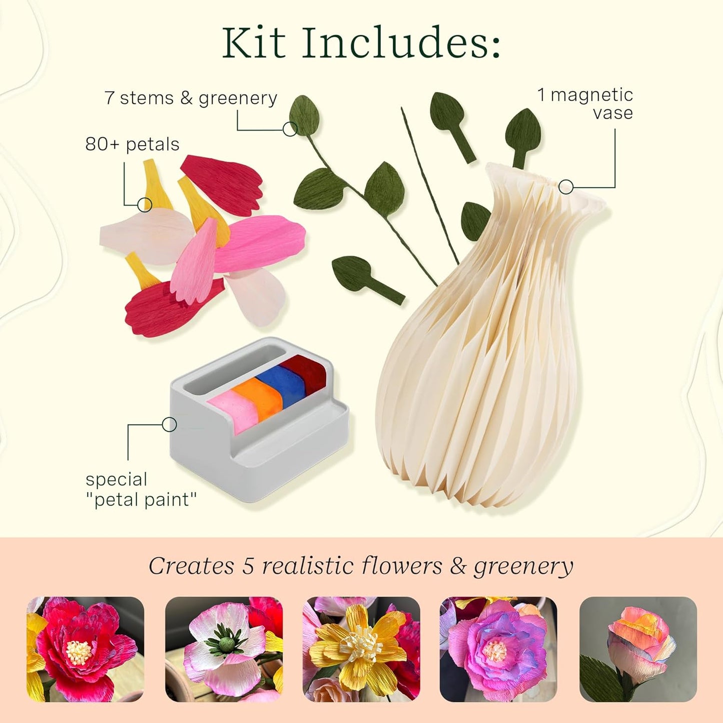 Lifelines FlowCrafts, Paper Flower Bouquet - Create a 5-Flower Bouquet with 80+ Petals, 2 Leafy Sprigs & Elegant Vase - Sensory Arts & Crafts Kit for Teens & Adults - Paper Decorations