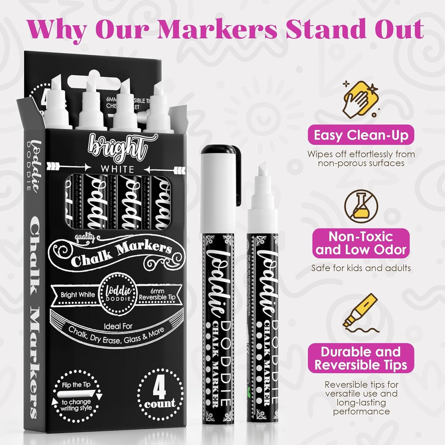 Loddie Doddie Liquid Chalk Markers - Pack of 4, White, 6mm Tip - Versatile on Glass & Mirrors with Glass Markers - Dual Bullet & Chisel Tip with Chalk Pens - Non-Toxic Quick Erase with Window Paint
