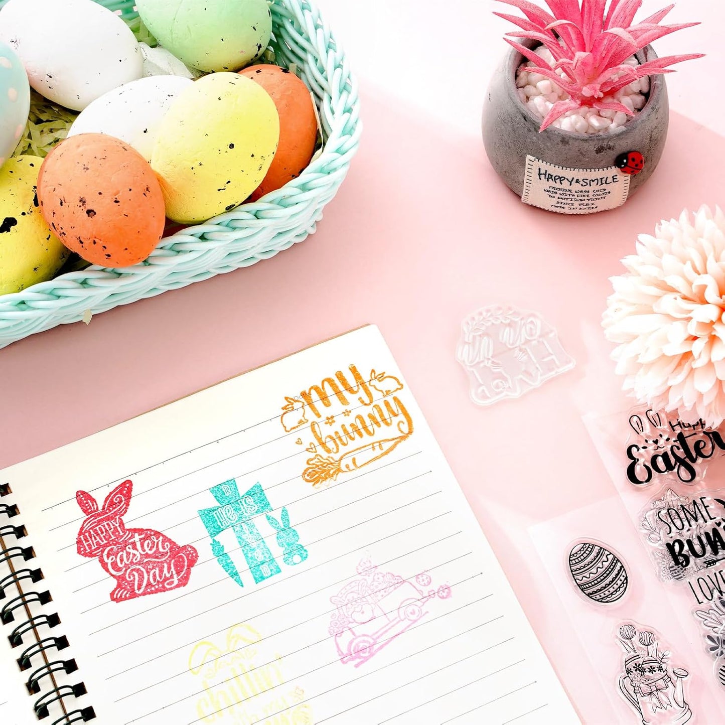 Whaline 5 Sheet Easter Clear Stamps Bunny Rabbit Egg Gnome Words Silicone Transparent Stamps Border Rubber Stamp Cards for DIY Crafts Card Making Scrapbooking Album Supplies