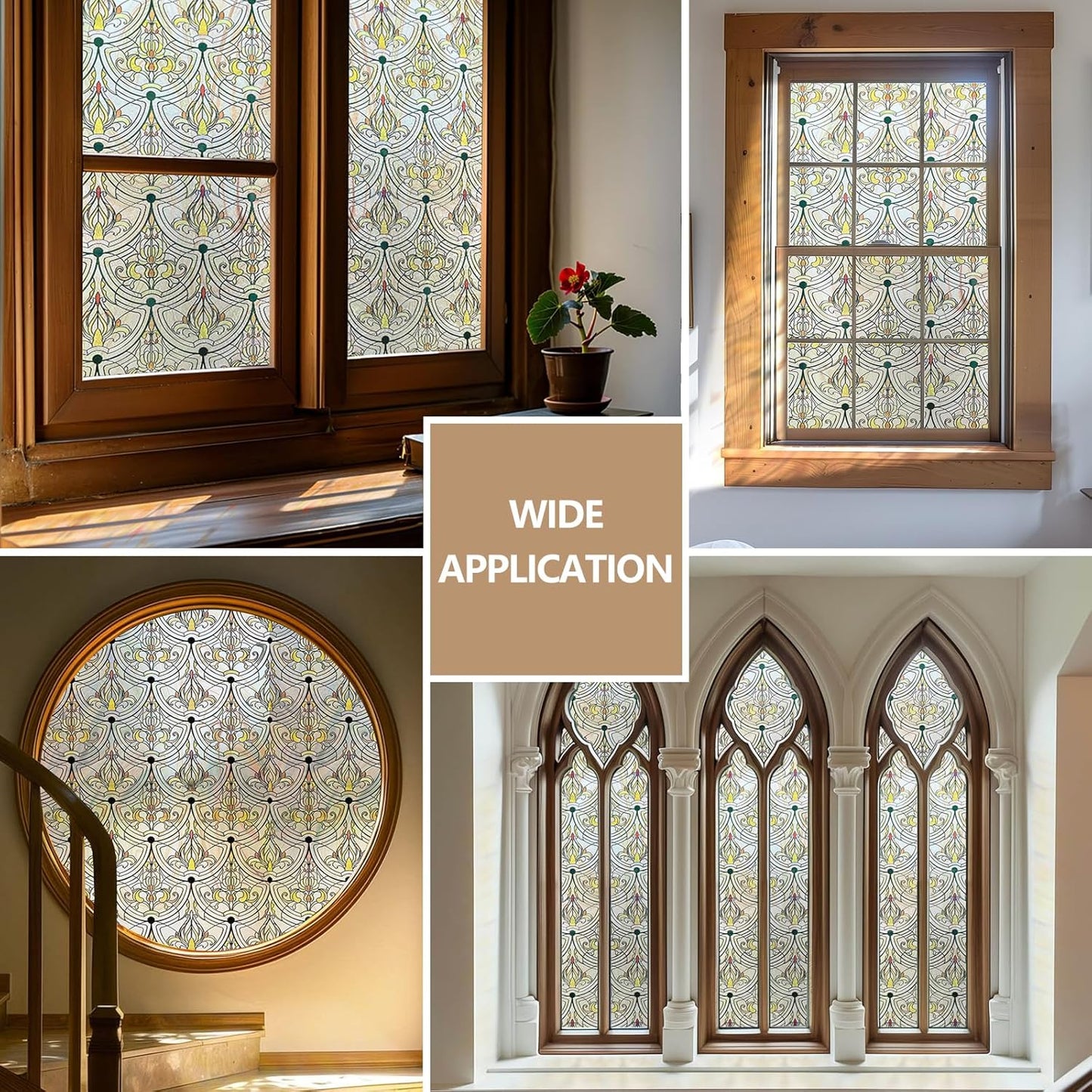 3D Stained Glass Window Film, Decorative Window Privacy Film for Bathroom,Front Door,Home, Sun Blocking Heat Control,Static Cling, Golden Ironwork 35.4inch x 78.7inch