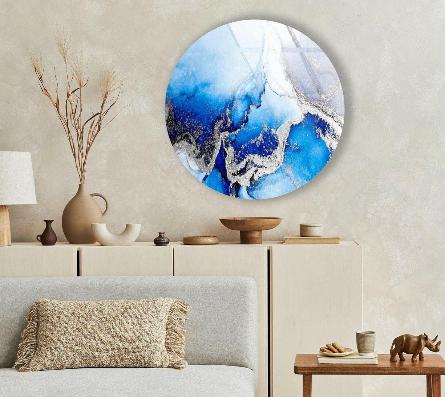 My Photostation.com 39,4''(100cm) Diameter Blue Marble Round with Silver Details Glass Wall Art Tempered Glass Printing Wall Decor Large Wall Art Wall Hangings