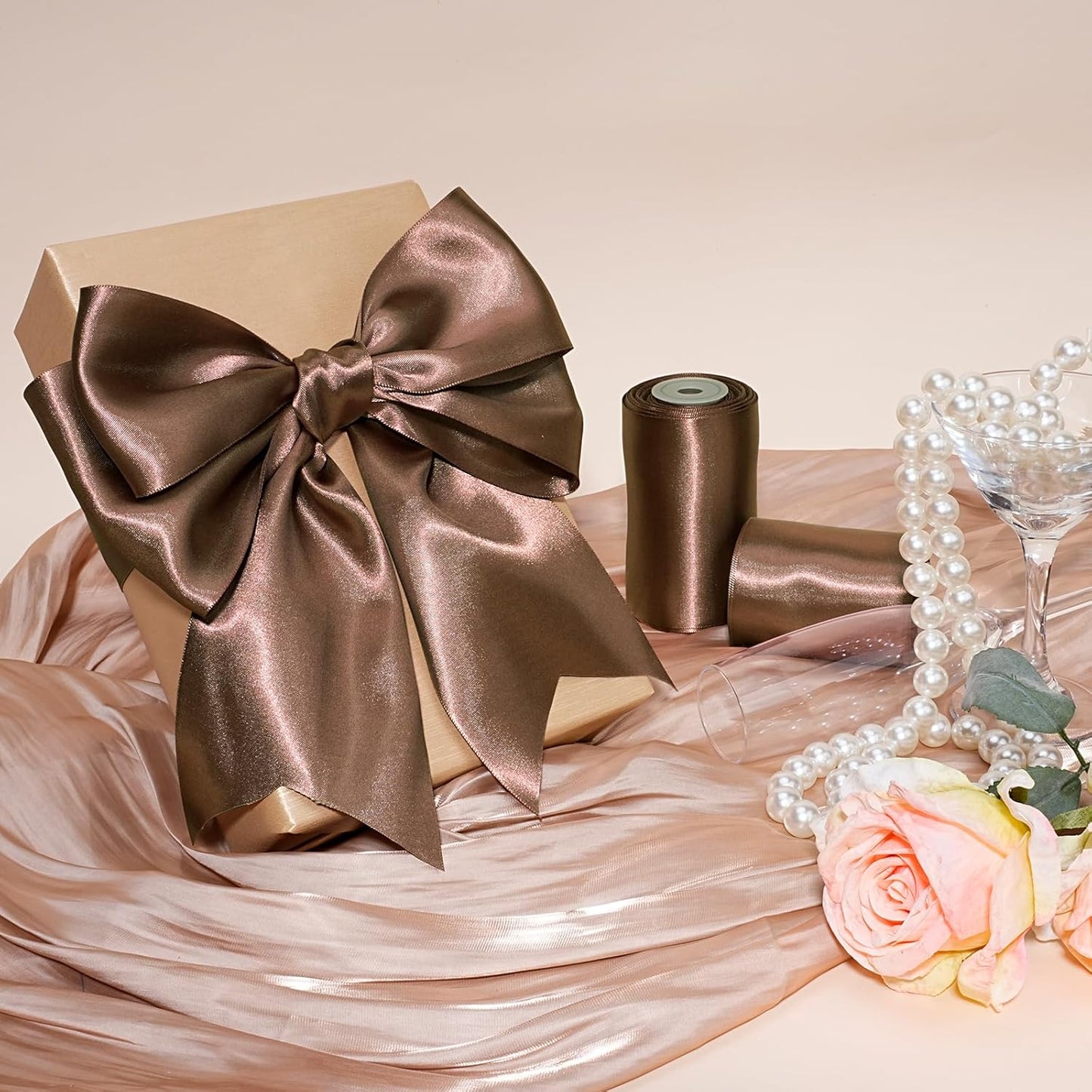 LaRibbons Brown Satin Ribbon 3 Inch 10 Yards Double Faced Luxury Mocha Silk Ribbon for Gift Wrapping Flower Bouquets Bow Christmas Wedding Party Decoration