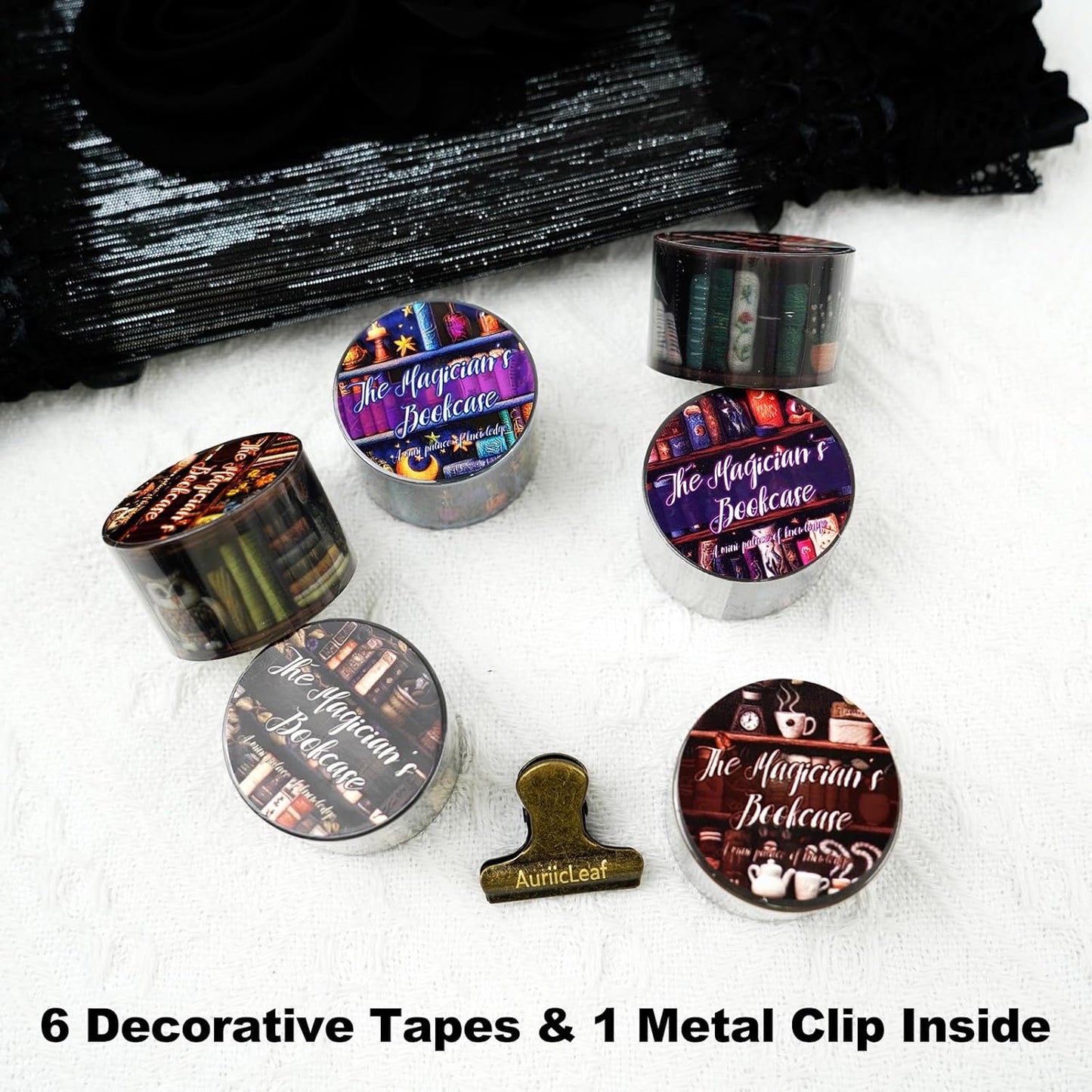 Magician’s Bookcase PET Tapes – 6 Rolls of Fantasy Embroidery-Style Bookcase Designs with Clip, for Scrapbook, Journal, Junk Journal, Planner and DIY Decor