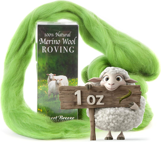Desert Breeze Distributing 100% Natural Merino Wool Roving - Premium Combed Top Merino Roving Wool - Tapestry, Spinning, Wet Felting & Needle Felting Supplies - 21.5 Micron - 1 oz, Color Kiwi Green