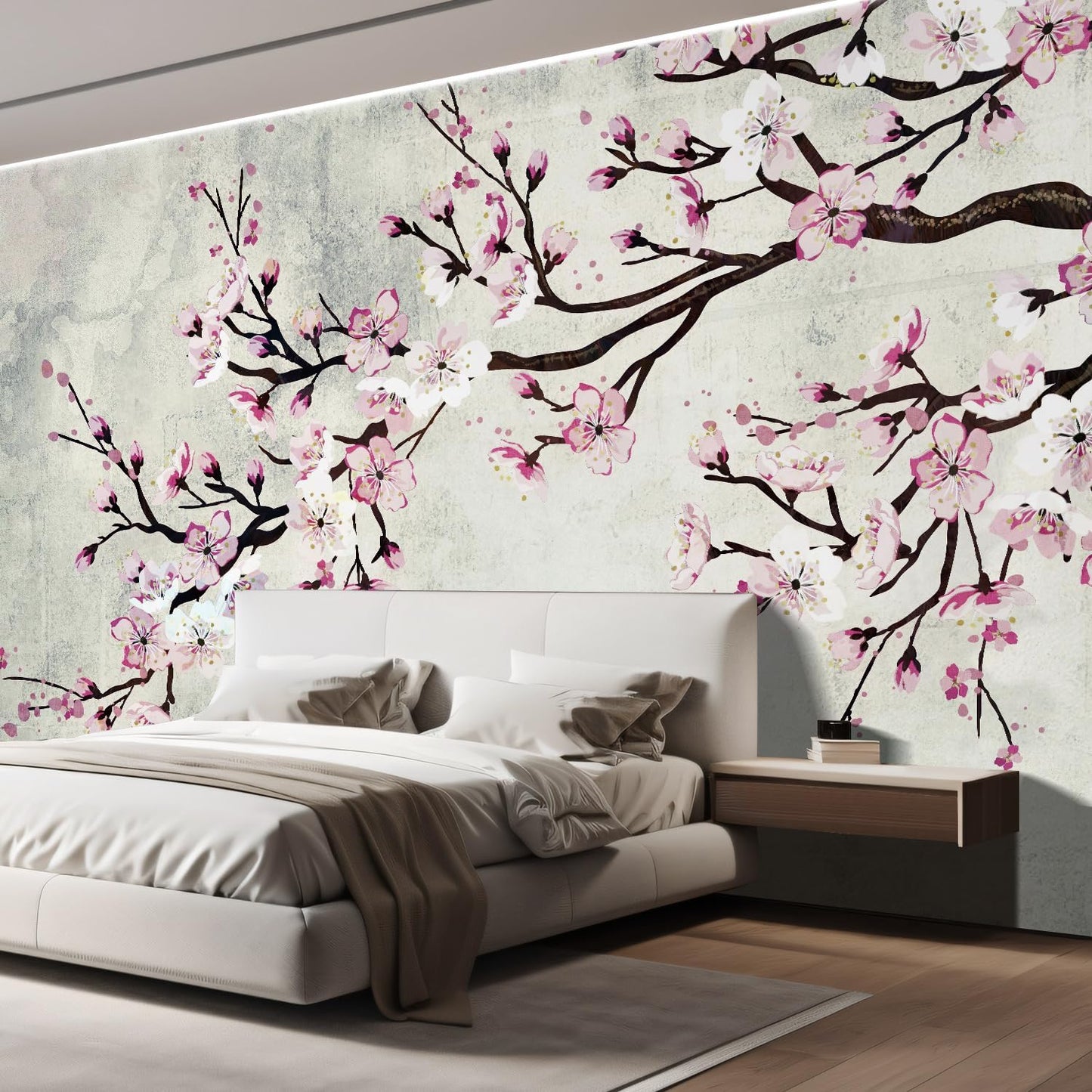 wall26 Wall Sticker/Wall Mural Watercolor Style Ink Painting Pink Cherry Blossom on Vintage, Not Peel and Stick, Non-Woven Wallpaper Decorative for Bedroom, Living Room, Office - 99x96 inches