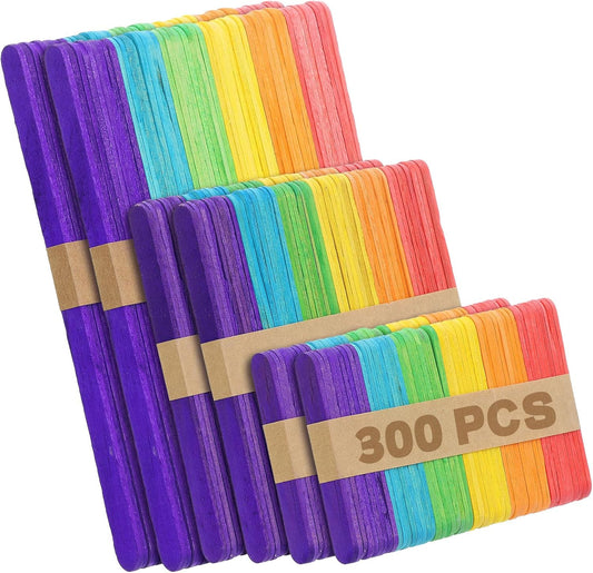 300PCS Colored Sticks for Craft, 3 Sizes (2.5",4.5",6") Colorful Rainbow Popsicle Wooden Sticks Bulk for Home Decoration Project Kid Classroom Art DIY Craft Supplies School Activities
