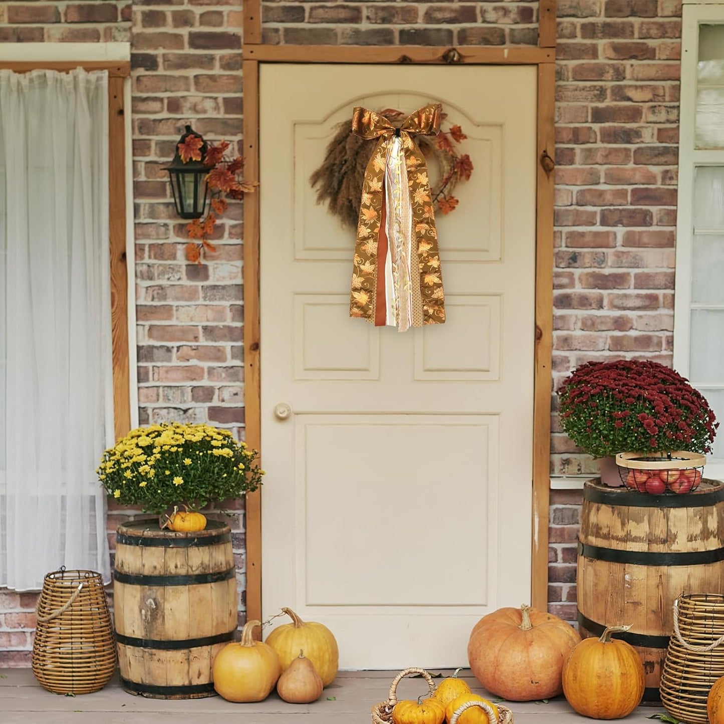 Large Maple Leaf Ribbons Bow for Wreath, Orange Glitter Dot Fabric Ribbons Set Assorted Leaf Lace Ribbon Stripe Clip-On Wreath Sash Ribbon Bundle for Fall Thanksgiving Home Indoor Outdoor Decor