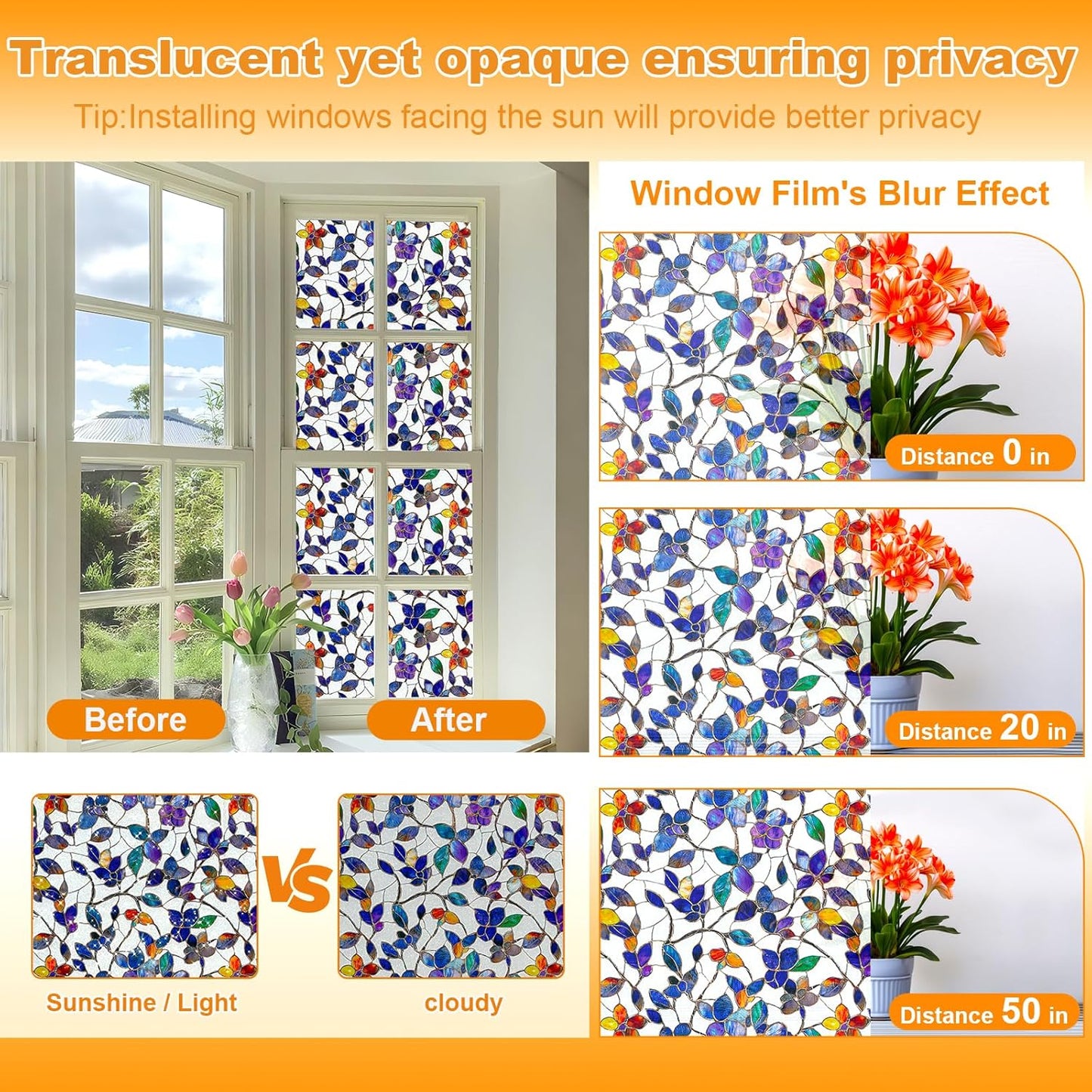 Window Privacy Film Stain Glass Window Film Rainbow Window Film Window clings Non-Adhesive Reusable Decorative for Room (Frosted Stained Leaf, 35.4 x 78.7 in)
