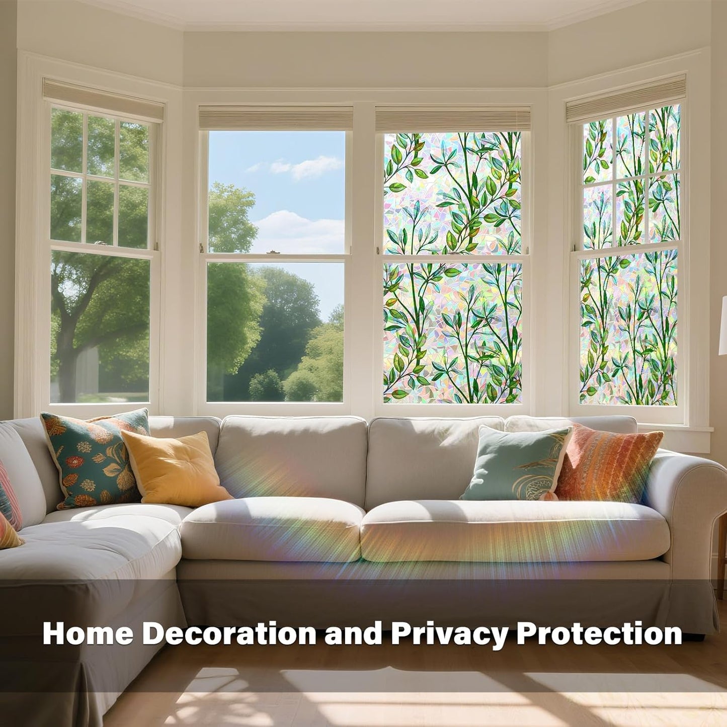 Donox Window Privacy Film, Leaf Rainbow Window Film Decorative Stained Glass Window Film, Anti-UV Sun Blocker Heat Control for Home, 17.5 Inch x 6.5 Feet (with Installation Tool)