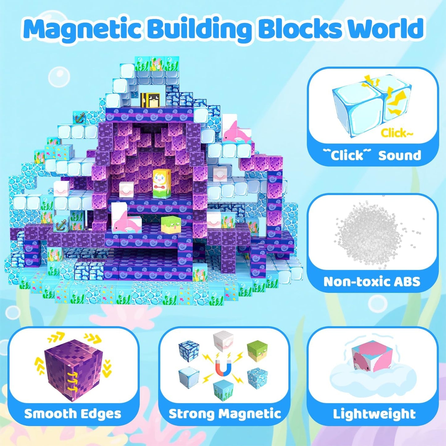 Magnetic Blocks, 100PCS Magnetic Building Blocks, Stacking Magnets for Kids, Sensory Toy for STEM Constructions Magnet Blocks for Boys Girls Age 3+, Christmas Birthday Gifts (Ocean World)